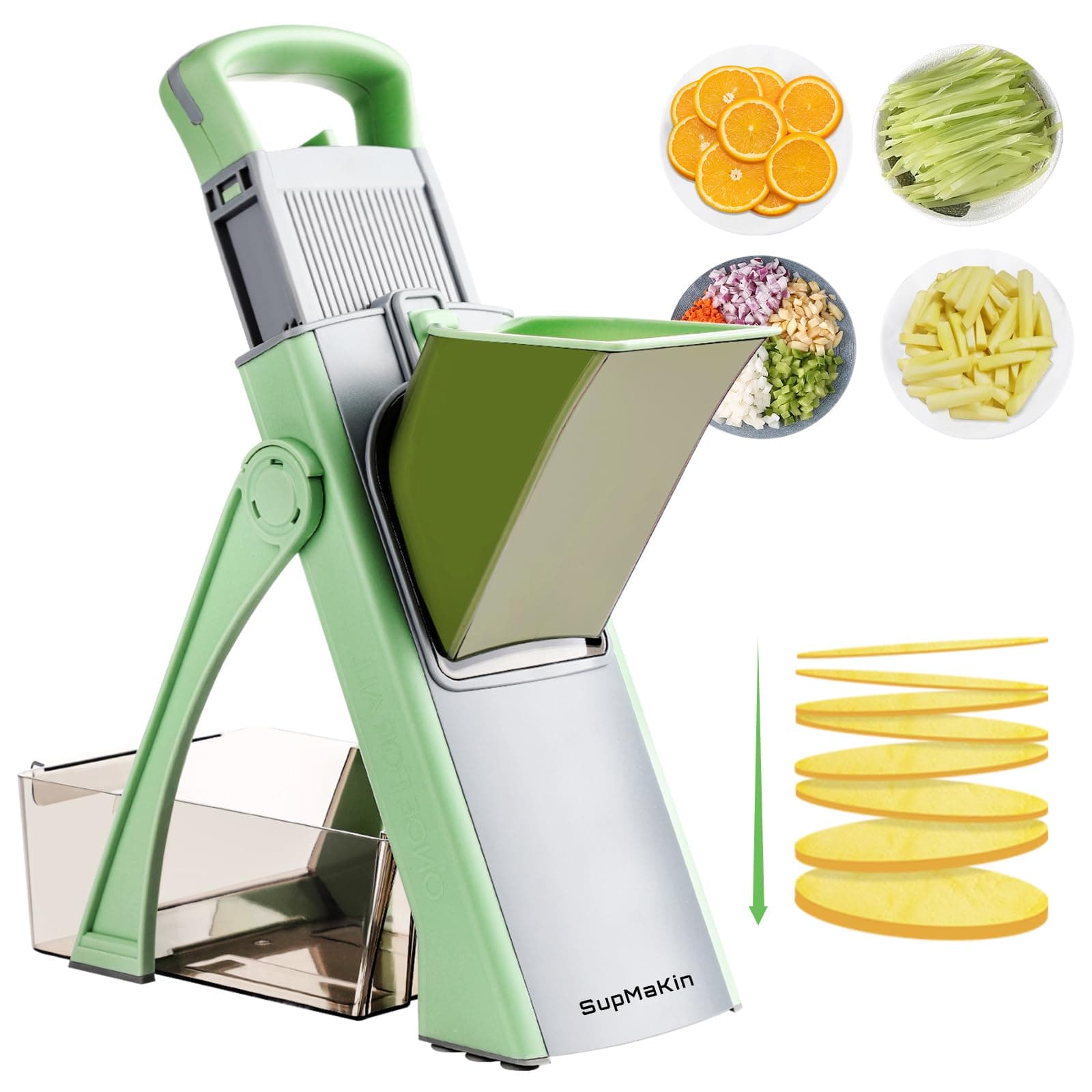 Upgrade Safe Mandoline Slicer for Kitchen, SupMaKin Bigger Entrance Vegetable Food Slice Potato Slicer Chopper, Adjustable Thickness Multi Mandolin, Julienne + Dicer Kitchen Must Haves Green