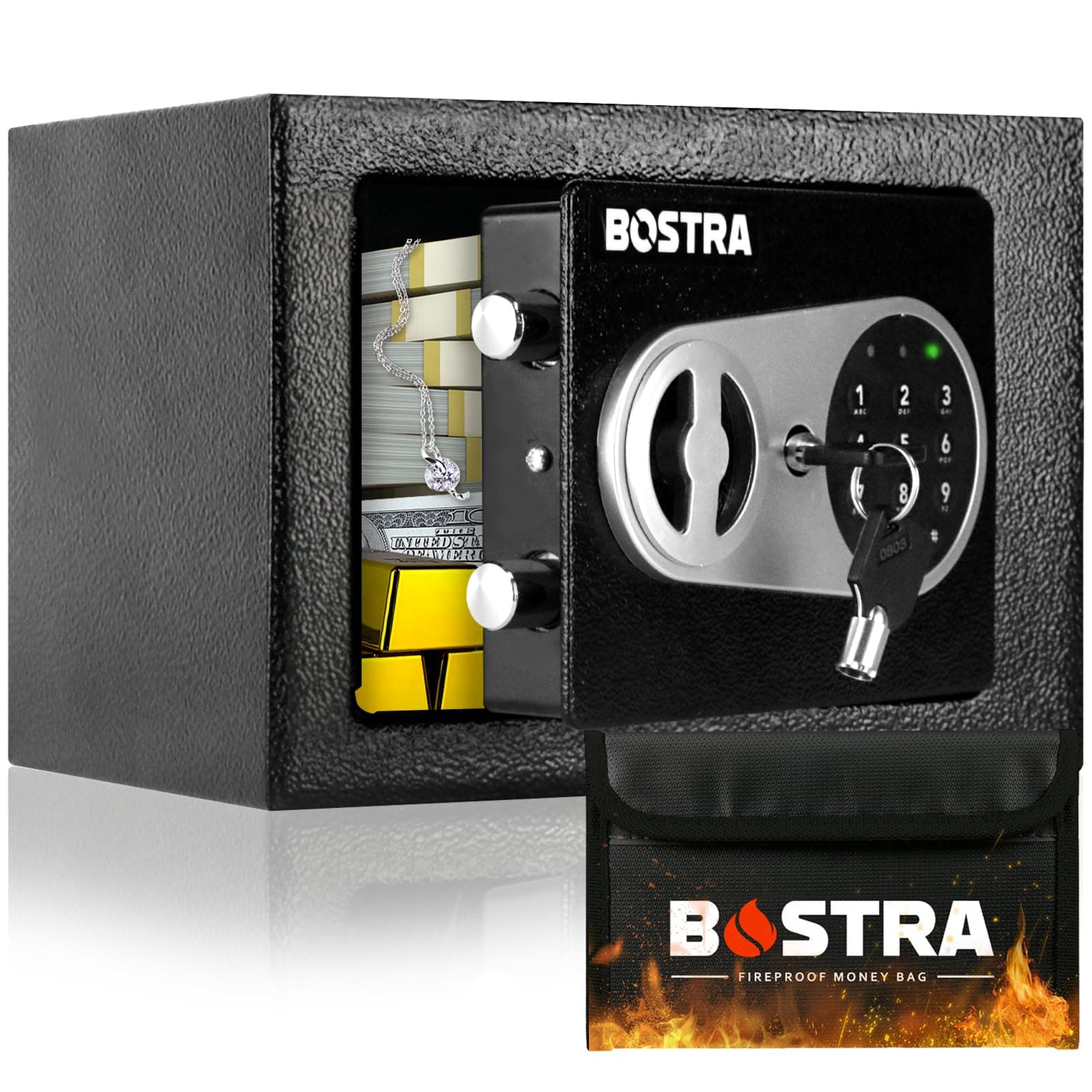 Bostra Fireproof Safe Box with Sensor Light & Fireproof Bag, Money Safe Box with Digital Keypad,Security Safe Box for Home, 0.23 Cubic Small Safe with Keys & Pass Code for Cash Jewelry Silver
