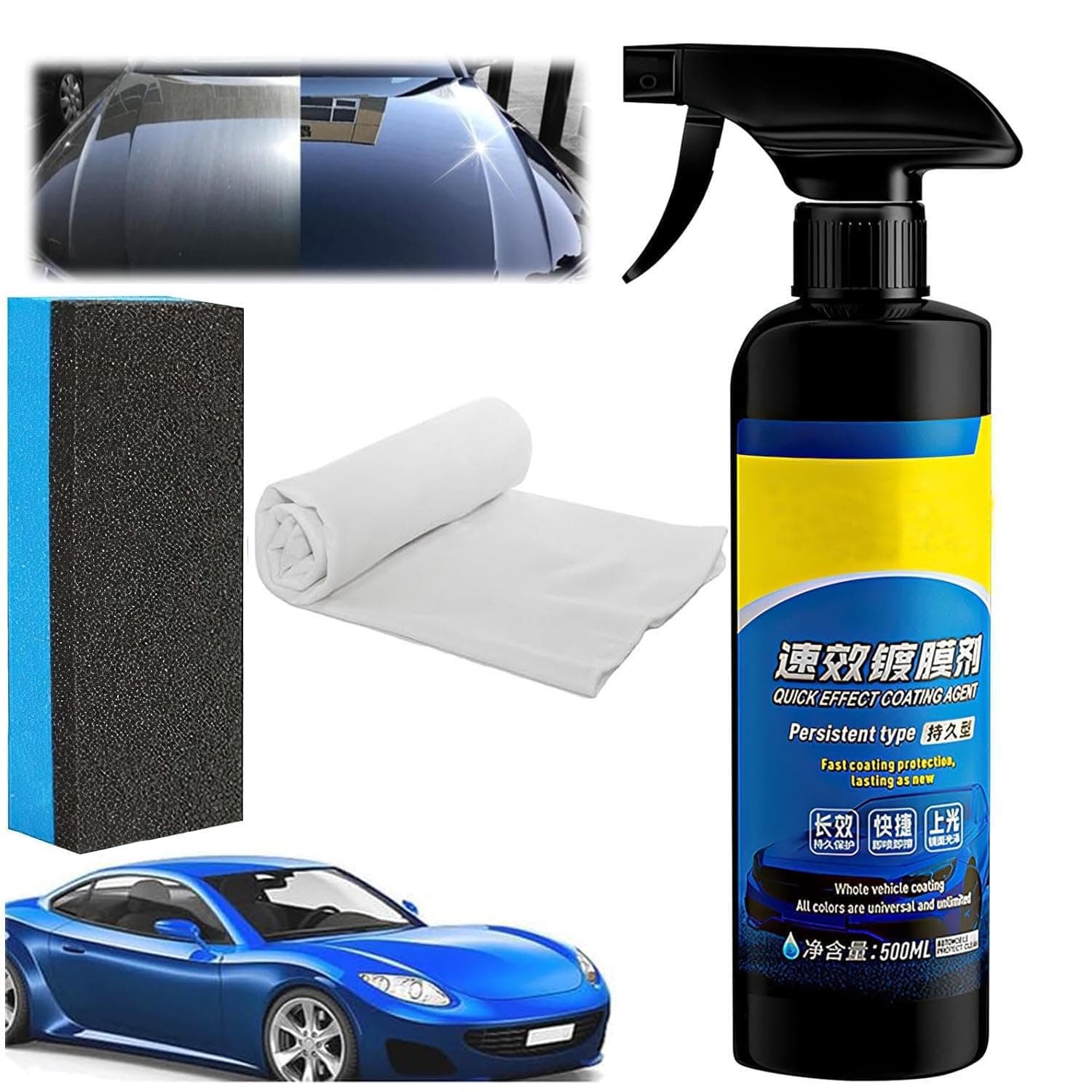 Car Coating Spray,17.6oz Quick Effect Coating Agent, Quickly Coat Car Wax, Car Scratch Wax Polish Spray Waterless Wash, Oil Film Emulsion Glass Cleaner(1PC+Sponge+Cloth)