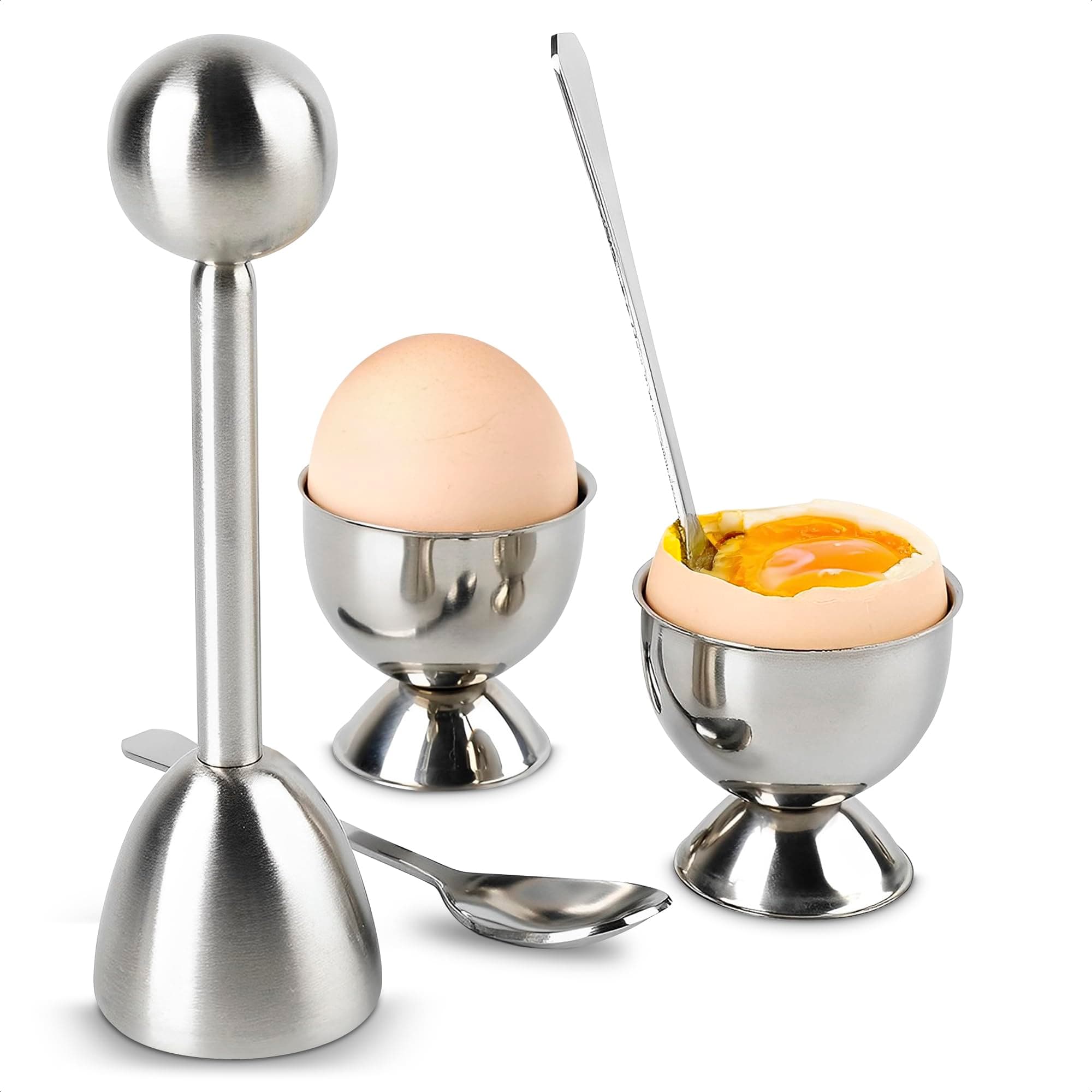 Egg Cracker Topper Set â 2 Pcs Egg Cups for Soft Boiled Eggs & 2 Pcs Spoons, Rust-Resistant Stainless Steel, Fits Most Sizes â Ergonomic Design with Adjustable Effort for Precise Cracking Results