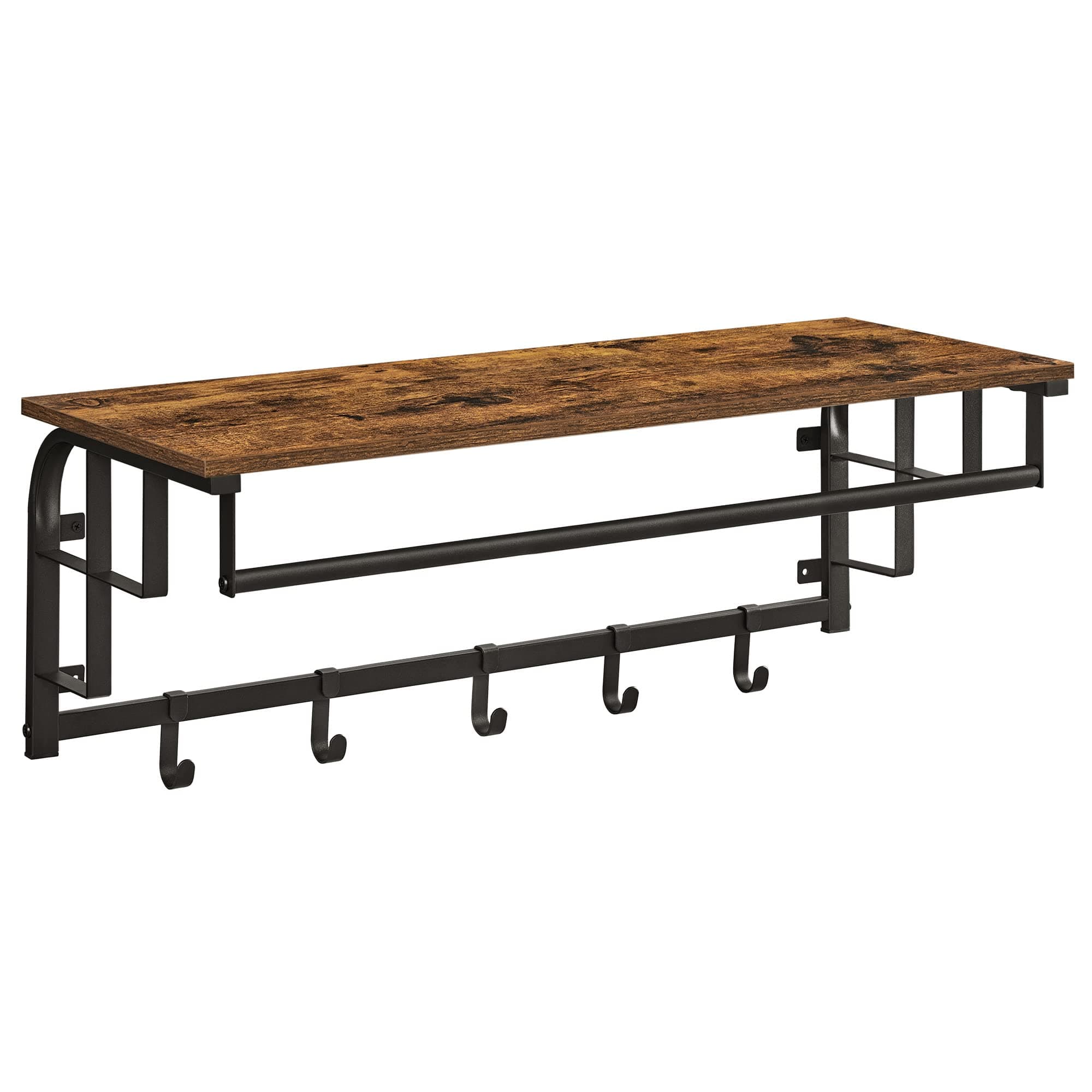 VASAGLE Coat Rack Wall-Mounted, Clothes Rail with 5 Removable Coat Hooks, Floating Shelf with Hanging Rail, for Hallway, Bedroom, Living Room, Rustic Brown and Black LCR102B01