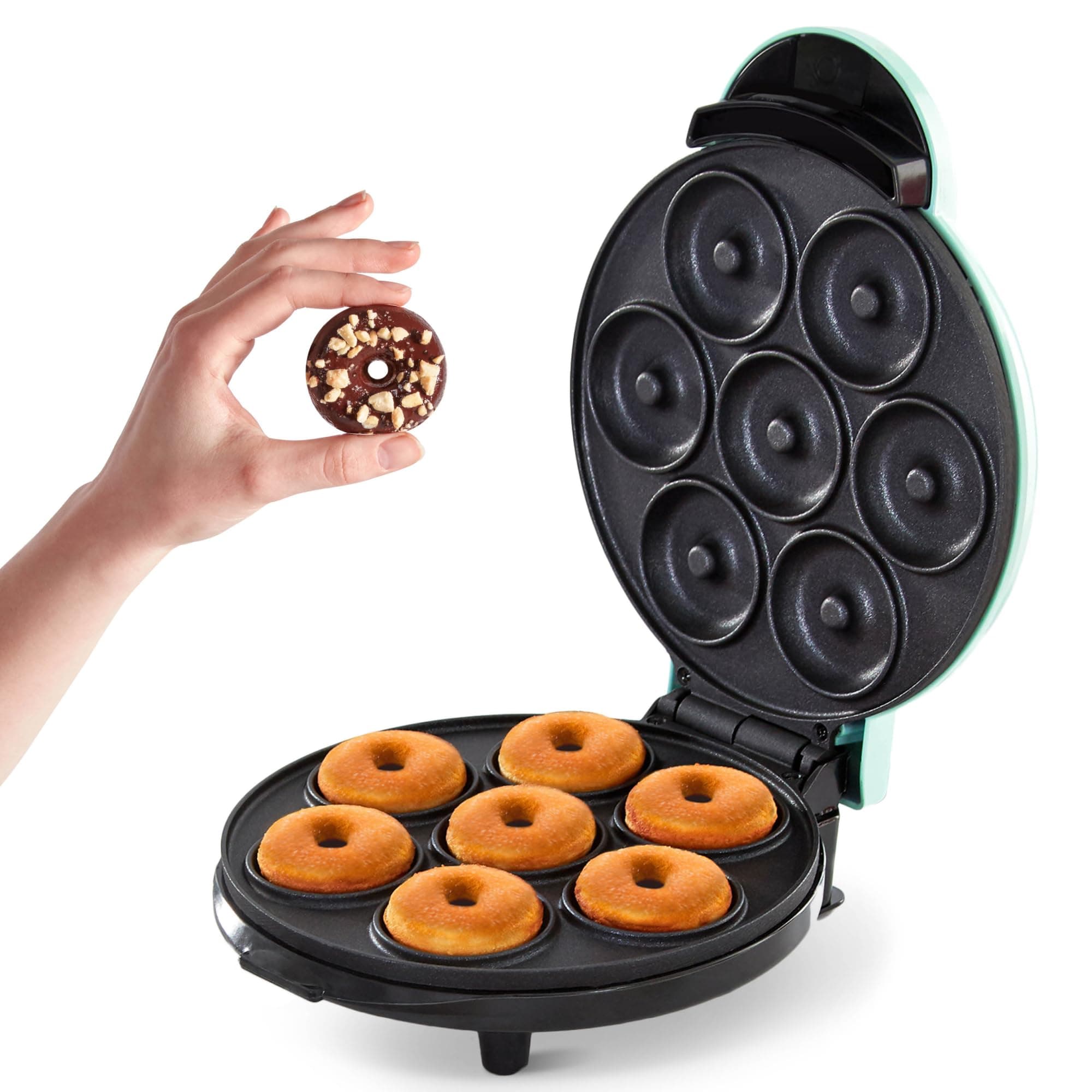 Dash Express Mini Donut Maker - Homemade Dessert Maker - Features Double-Sided, Non-Stick Surface & Space-Saving Design - Makes 7 - Aqua