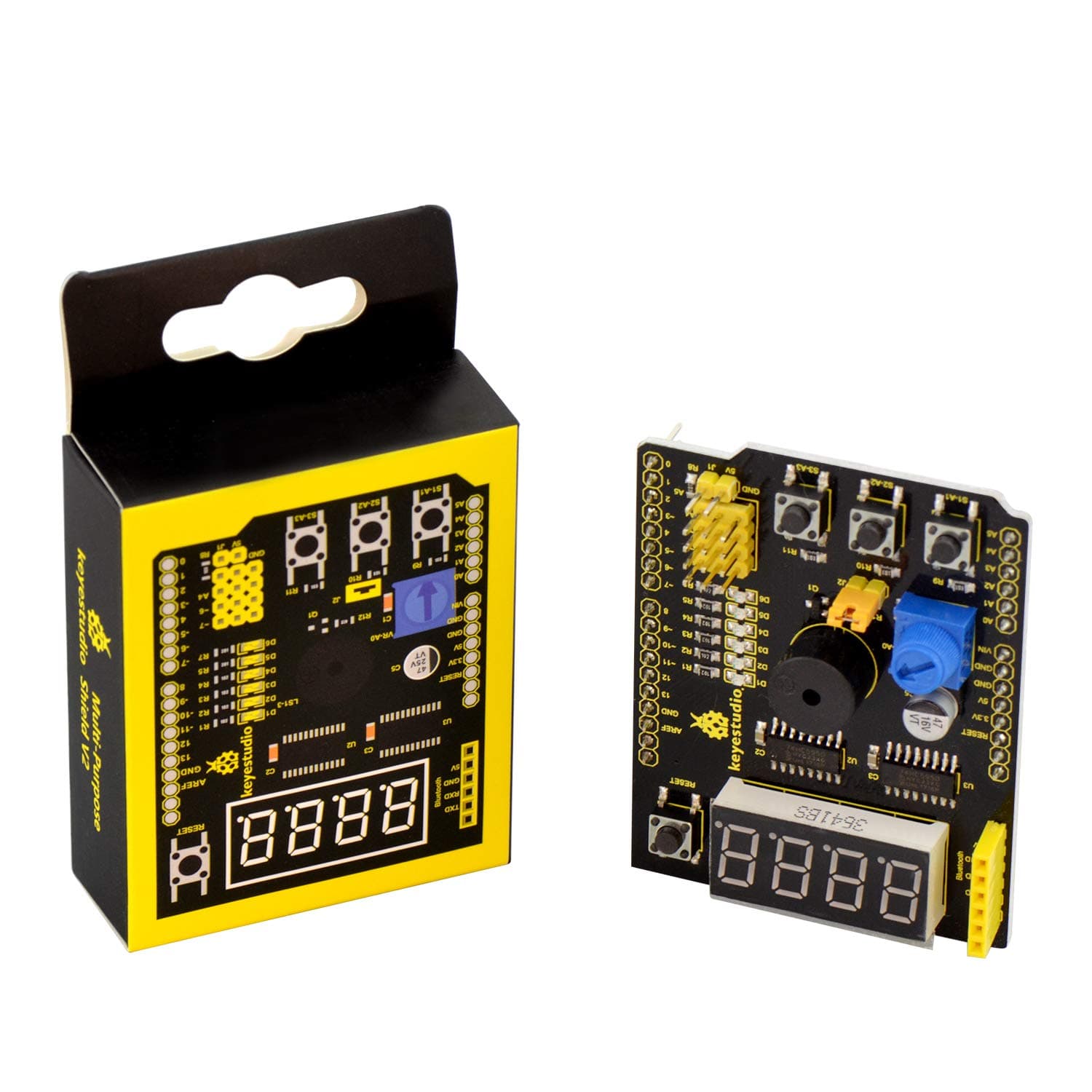 KEYESTUDIO Multi-Purpose Shield V2 with 4-Digit LED Display Module, Buttons and Buzzer for Arduinos Microcontroller for Mega, Electronic Programming Project