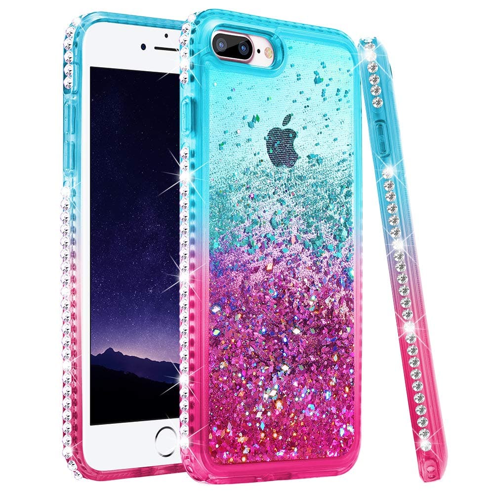 Ruky iPhone 8 Plus Case, iPhone 7 Plus Glitter Case, Colorful Quicksand Series Soft TPU Bling Diamond Flowing Liquid Floating Girls Women Case for iPhone 6 Plus 6s Plus 7 Plus 8 Plus (Teal Pink)