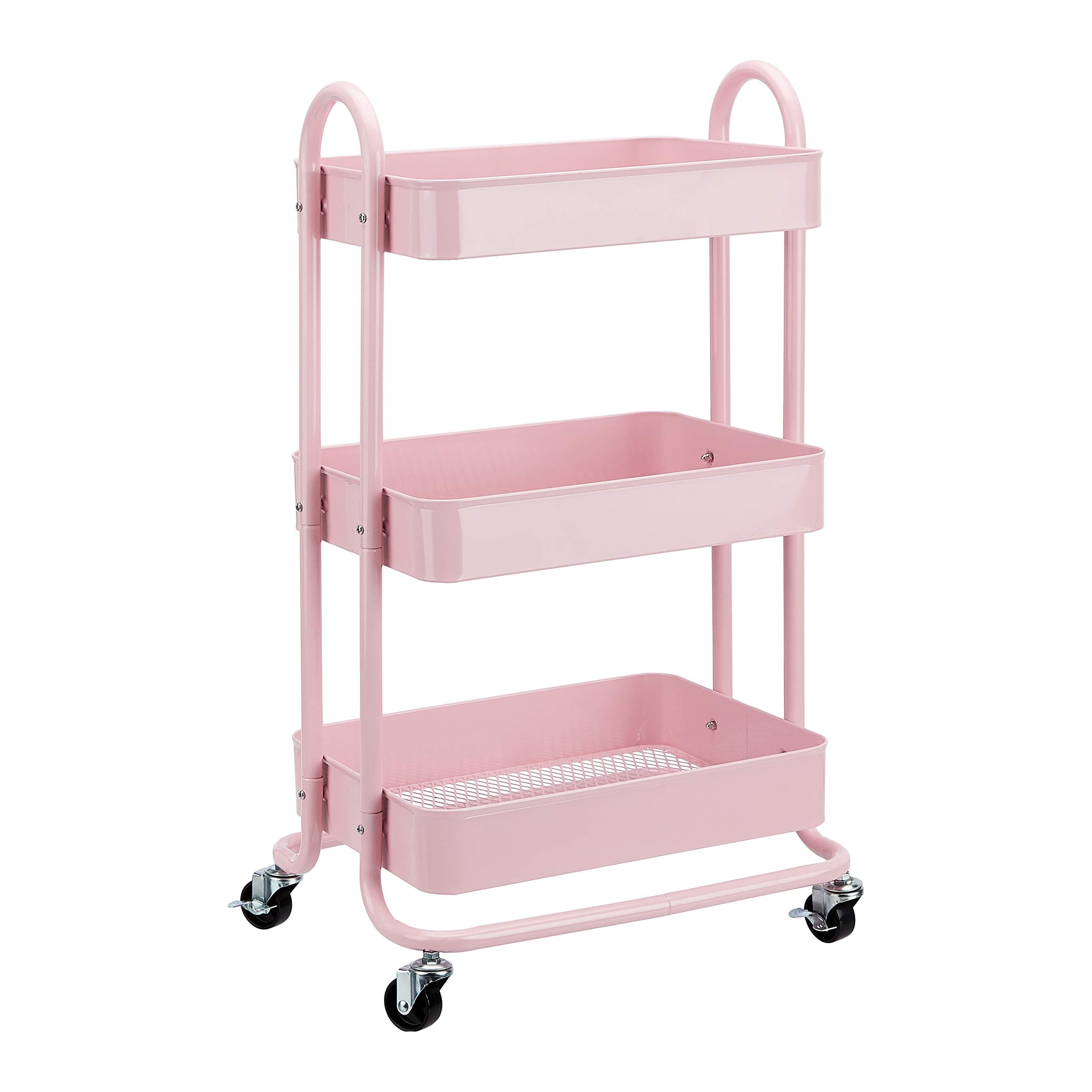 Amazon Basics 3-Tier Rolling Utility or Kitchen Cart, Lockable Wheels, Multifunctional Storage, Metal Storage Organizer, Portable, Dusty Pink