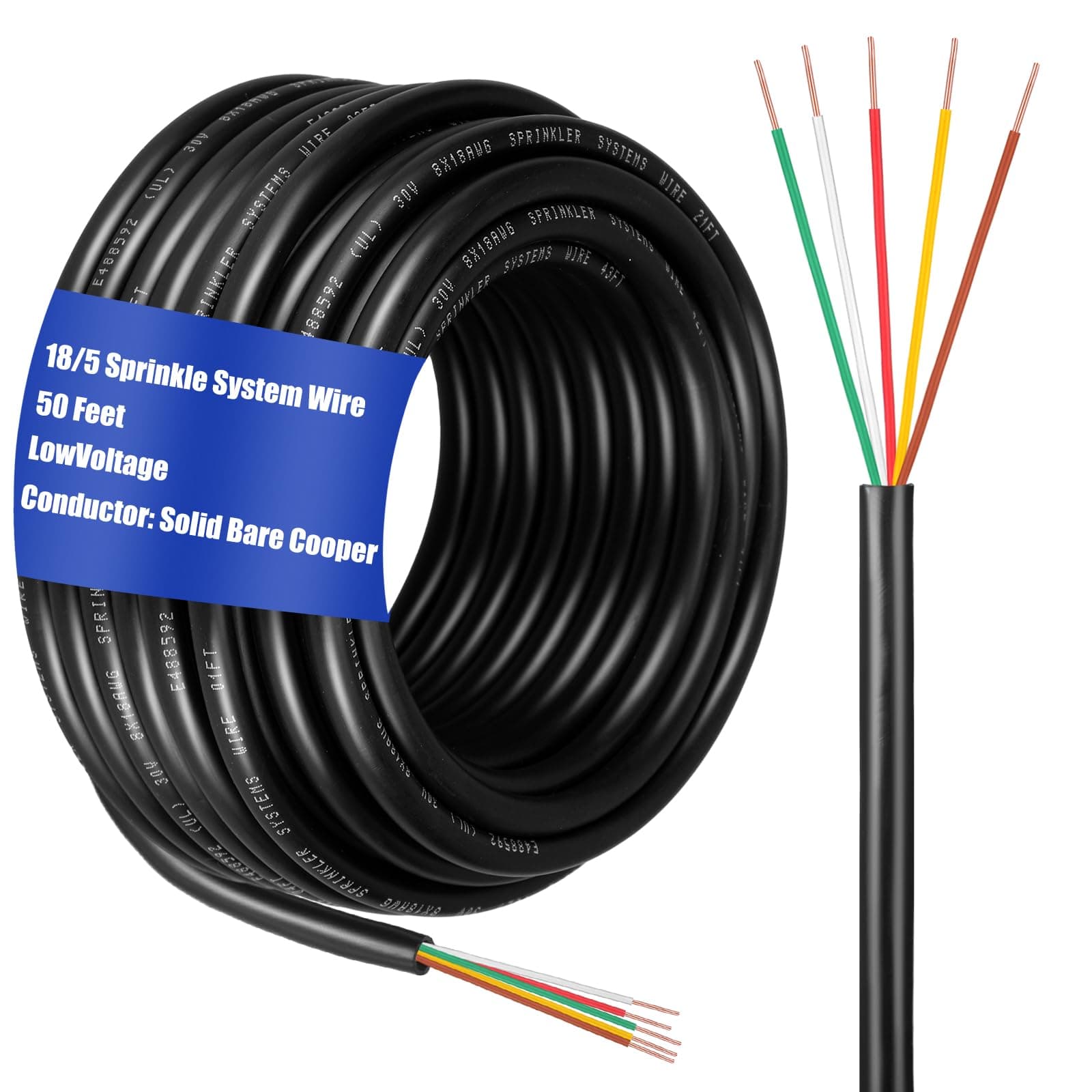 Hoolerry Solid Sprinkler System Wire, 18 Gauge Irrigation Wire with UV Resistant PVC Jacket Sprinkler Cable for Underground Irrigation System, Field Central Control System 30V UL Listed (18/5, 50 Ft)