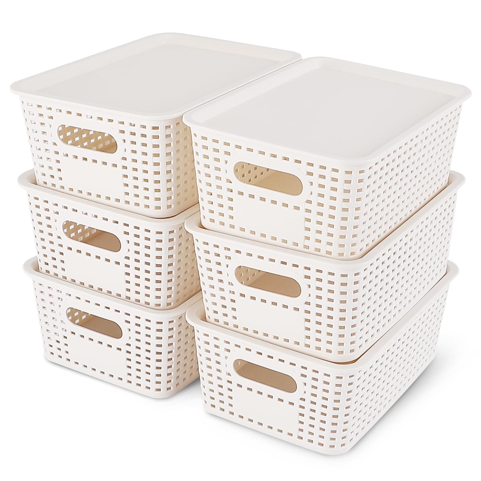 Plastic Storage Baskets With Lid Stackable Home Storage Bins for Organizing Shelves Drawers Desktop Closet, White, 6 packs