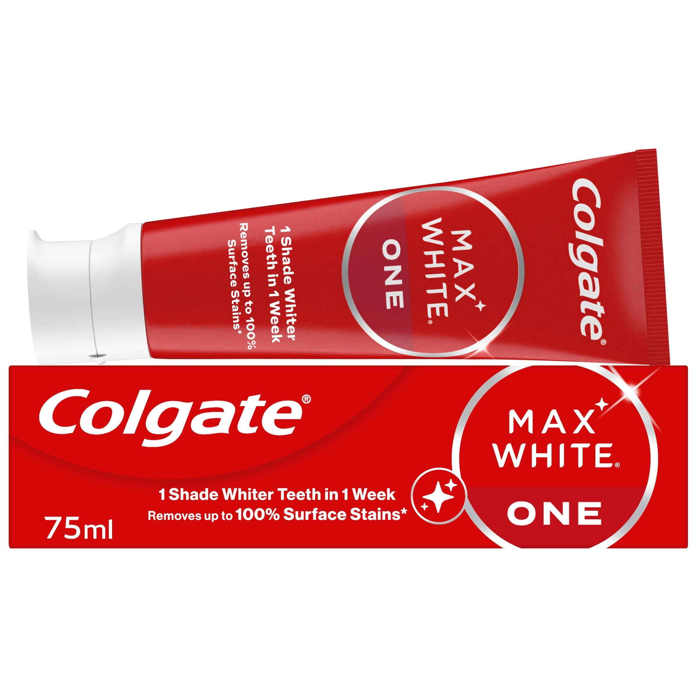 Max White One Toothpaste 75ml - teeth whitening toothpaste - clinically proven formula - removes up to 100% of surface stains - contains whitening accelerators - 1 shade whiter in 1 week