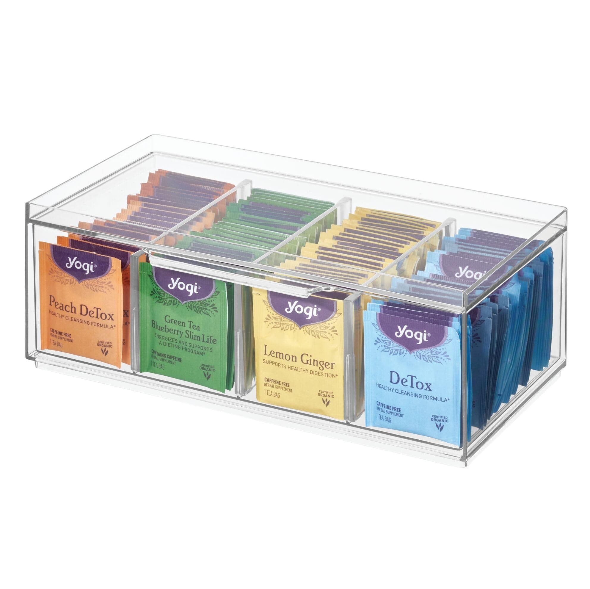 Interdesign Idesign 72110 Crisp Bpa-Free Plastic Stackable Packet Storage Drawer With Lid For Kitchen Cabinets And Countertops, 12.59" X 6.23" X 4.57", Tea Organizer