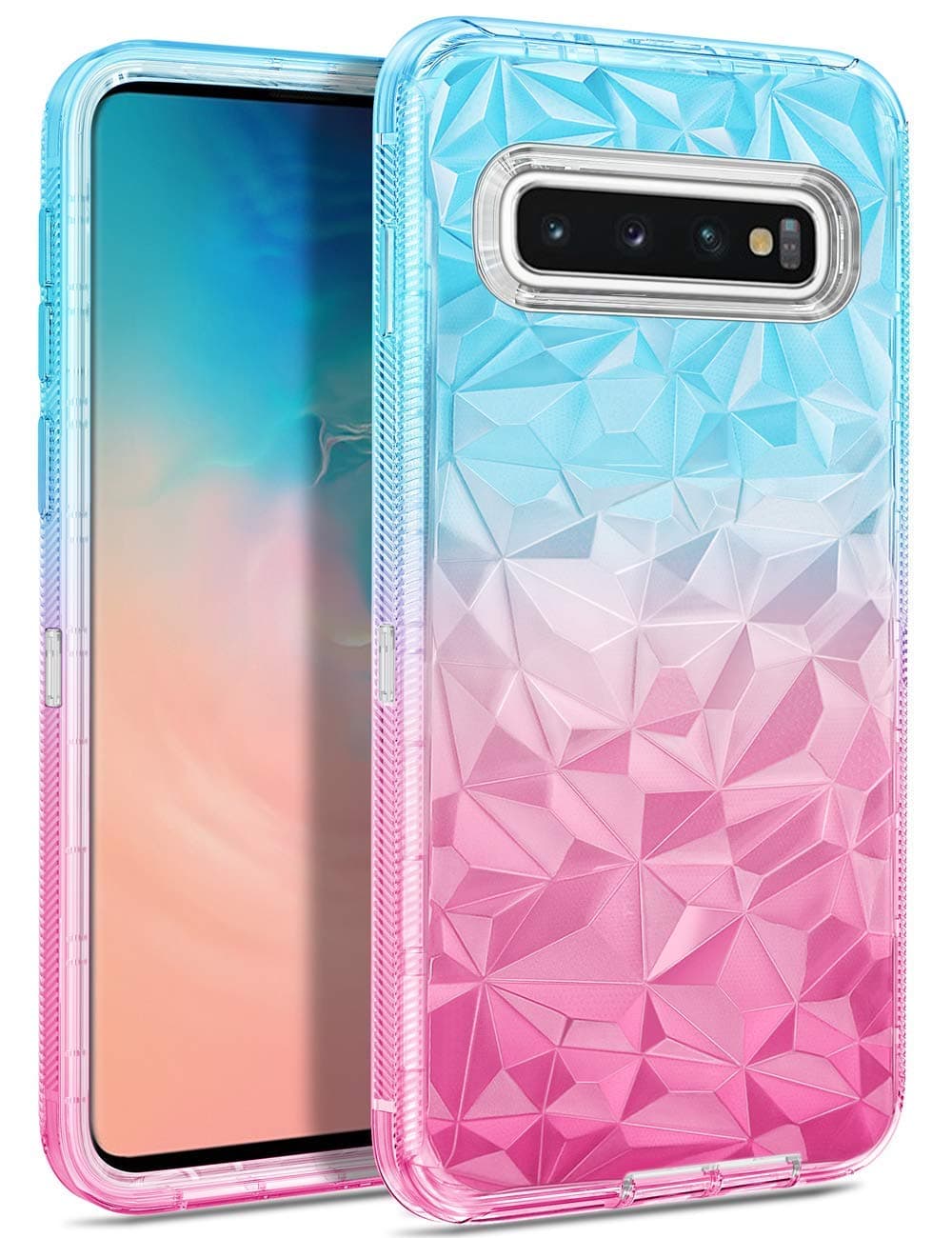 WESADN Case for Galaxy S10 Plus Case,Clear Protective Gradient 3D Diamond Design for Girls Women Heavy Duty Shockproof Hard PC Anti-Slip Dustproof Soft TPU Cover for Samsung Galaxy S10 Plus,Teal Pink