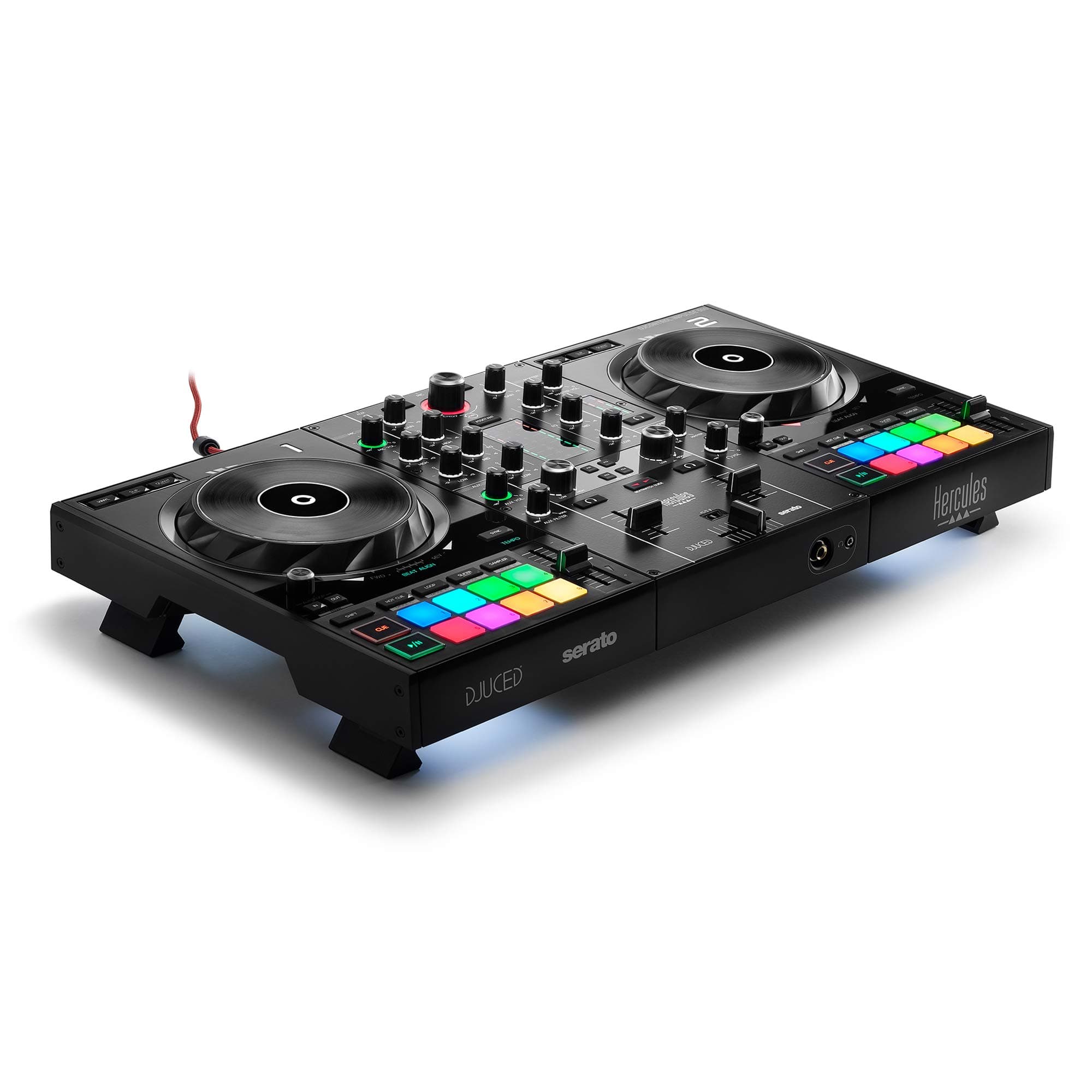 DJ Control Inpulse 500: 2-deck USB DJ controller for Serato DJ and DJUCED (included) - built-in audio interface, 16 backlit RGB pads, large jog wheels, built-in hardware input mixer and retrac