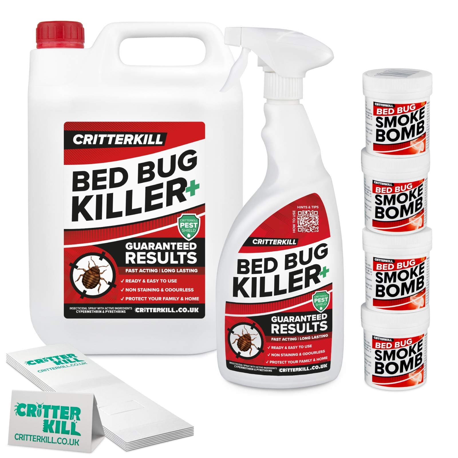 CritterKill Bed Bug Killer Kit - For Medium Level Home Infestation - Bedbug Spray + Smoke Bombs + Insect Traps (5+1L / 4x16g / 6)
