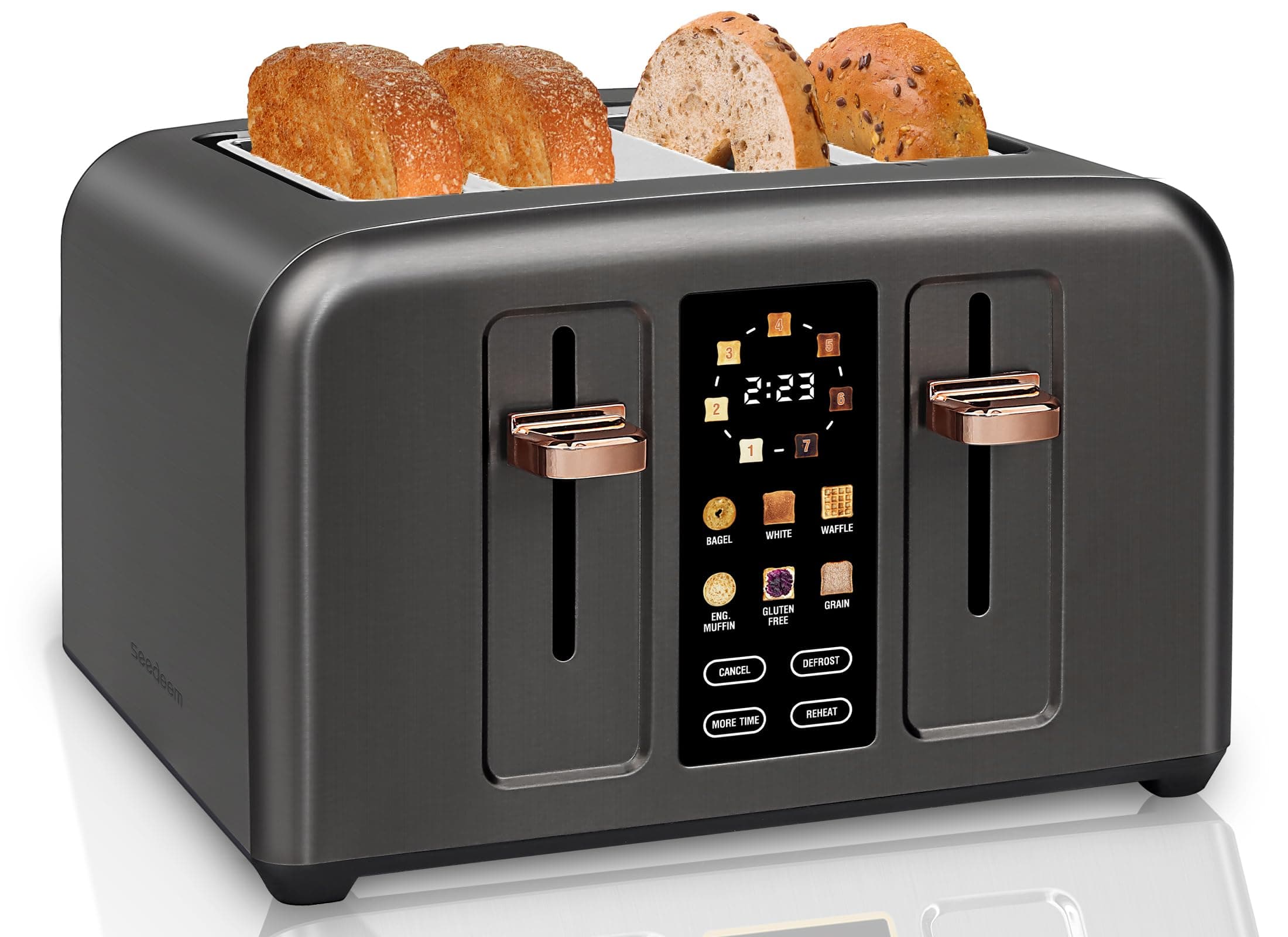 Toaster 4 Slice, Full Touch control Toaster, LCD Display, 6 Bread Type, 7 Shade Settings, 1.4''Wide Slots,More Time Function, Removable Crumb Tray, 1800W, Dark Metallic