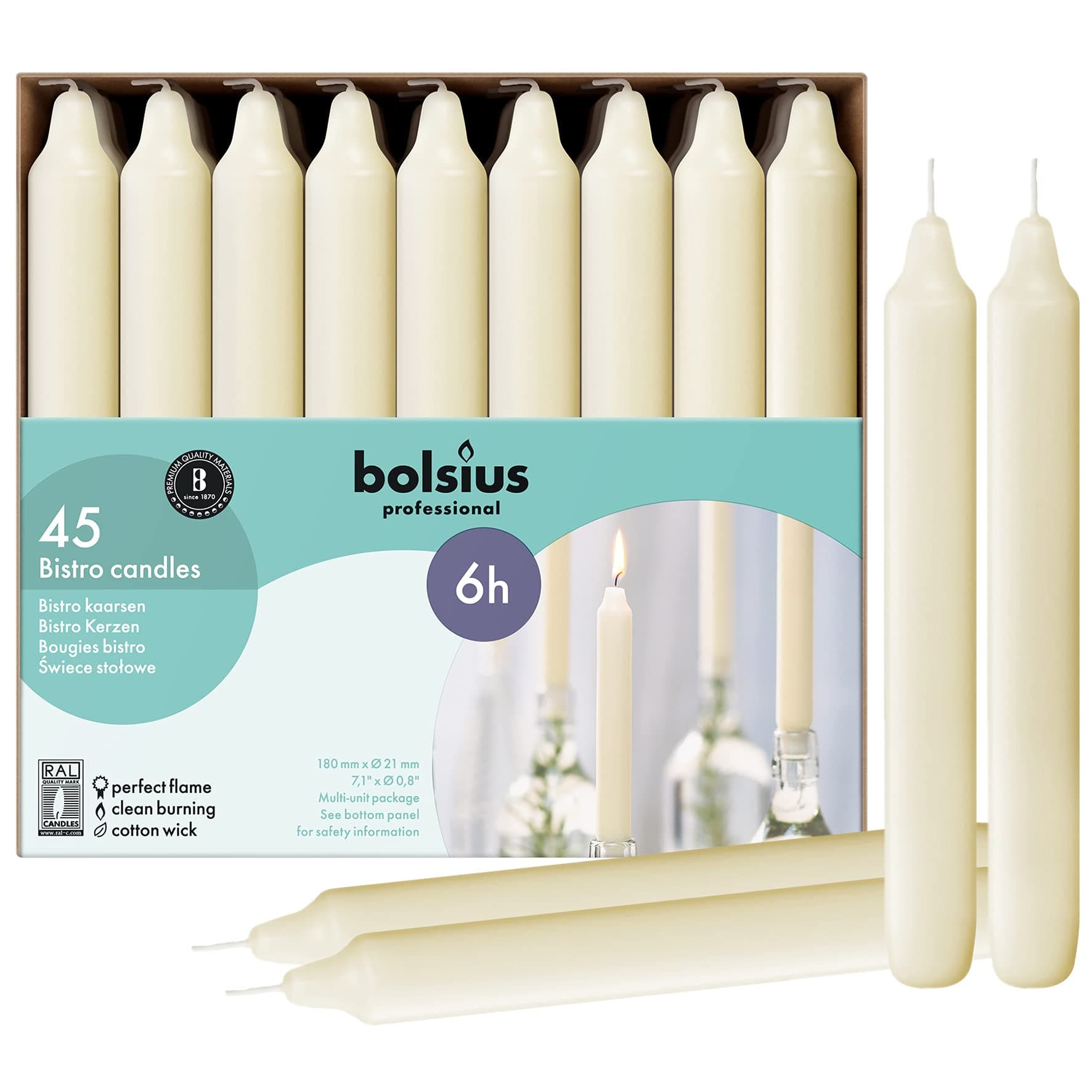 BOLSIUS Ivory Household Candles Bulk Pack 45 Count - Unscented Dripless 7 Inch Dinner Candlesticks - 6+ Hours Burn Time - Premium European Quality - Consistent Smokeless Flame - 100% Cotton Wick