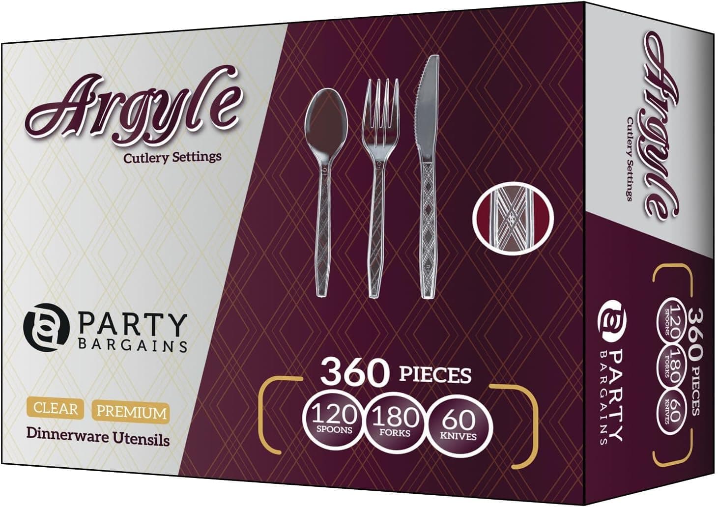 Argyle Settings Clear Plastic Cutlery Set 360‑Piece – 180 Forks, 120 Spoons, 60 Knives – Heavy‑Duty Disposable Utensils for Parties, Weddings, Buffets, BBQs & Catering – BPA Free