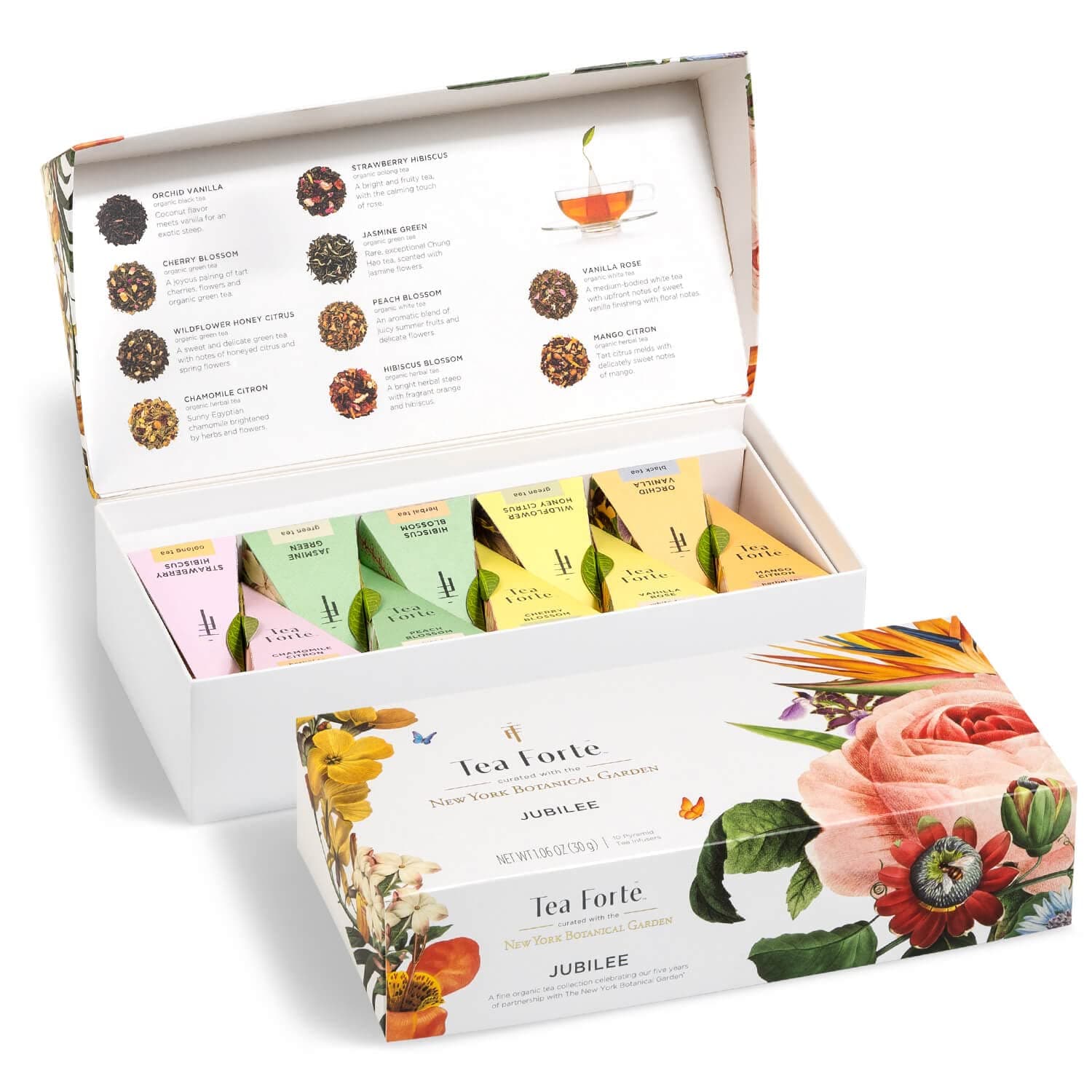 Tea Forte Premium Petite Presentation Box Gift Set Sampler, 10 Count, 2 of Each Blend Individually Wrapped Handcrafted Pyramid Infuser Bags, Jubilee Tea
