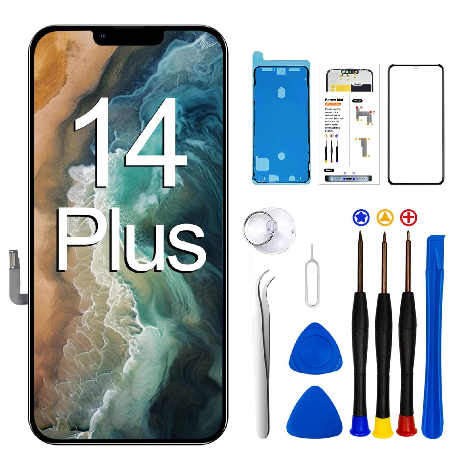 for iPhone 14 Plus Screen Replacement Kit 6.7 inch, Full HD LCD Display 3D Touch Screen Digitizer Full Assembly + Repair Tools. Model A2632, A2885, A2886, A2887, A2888