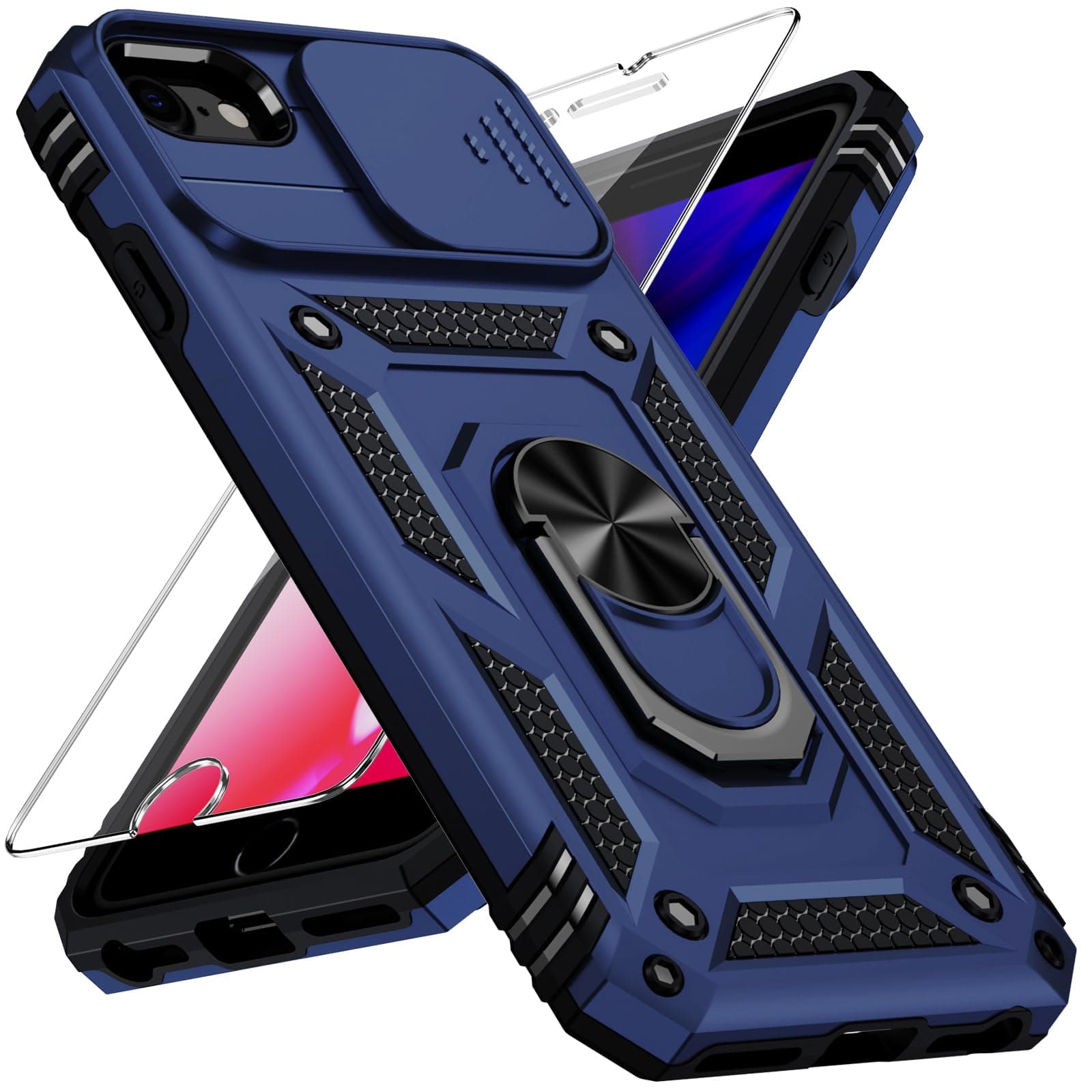Weycolor for iPhone SE 3rd Generation / 2nd Generation Case, iPhone SE 2022/2020, iPhone 8/7/6 Case with Slide Camera Cover HD Screen Protector Heavy Duty Kickstand Phone Case,Navy Blue