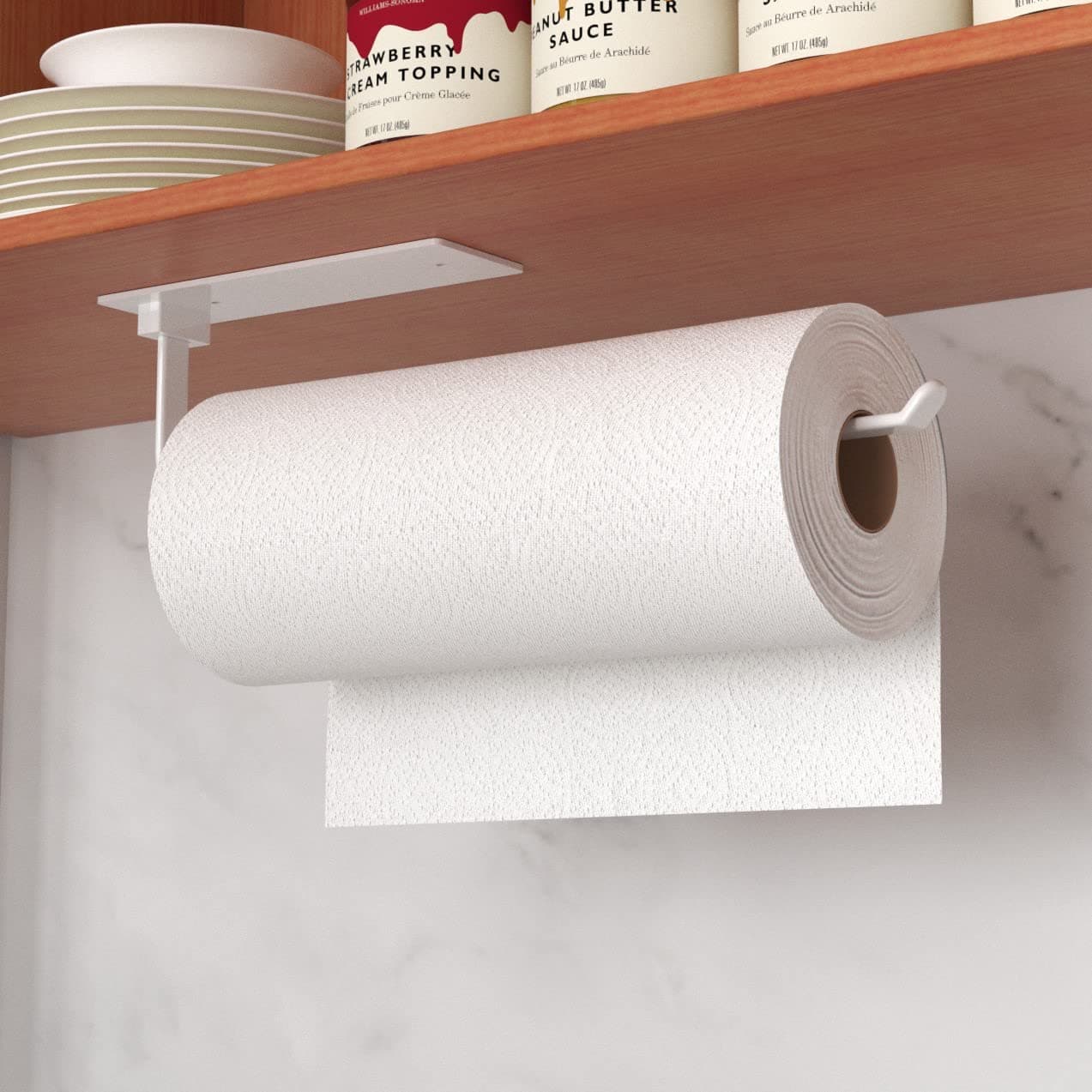 White Kitchen Roll Holder Under Cabinet, Self-Adhesive Paper Towel Holder, Wall Mounted Paper Towel Rack, Suitable for Pantry, Kitchen, Bathroom
