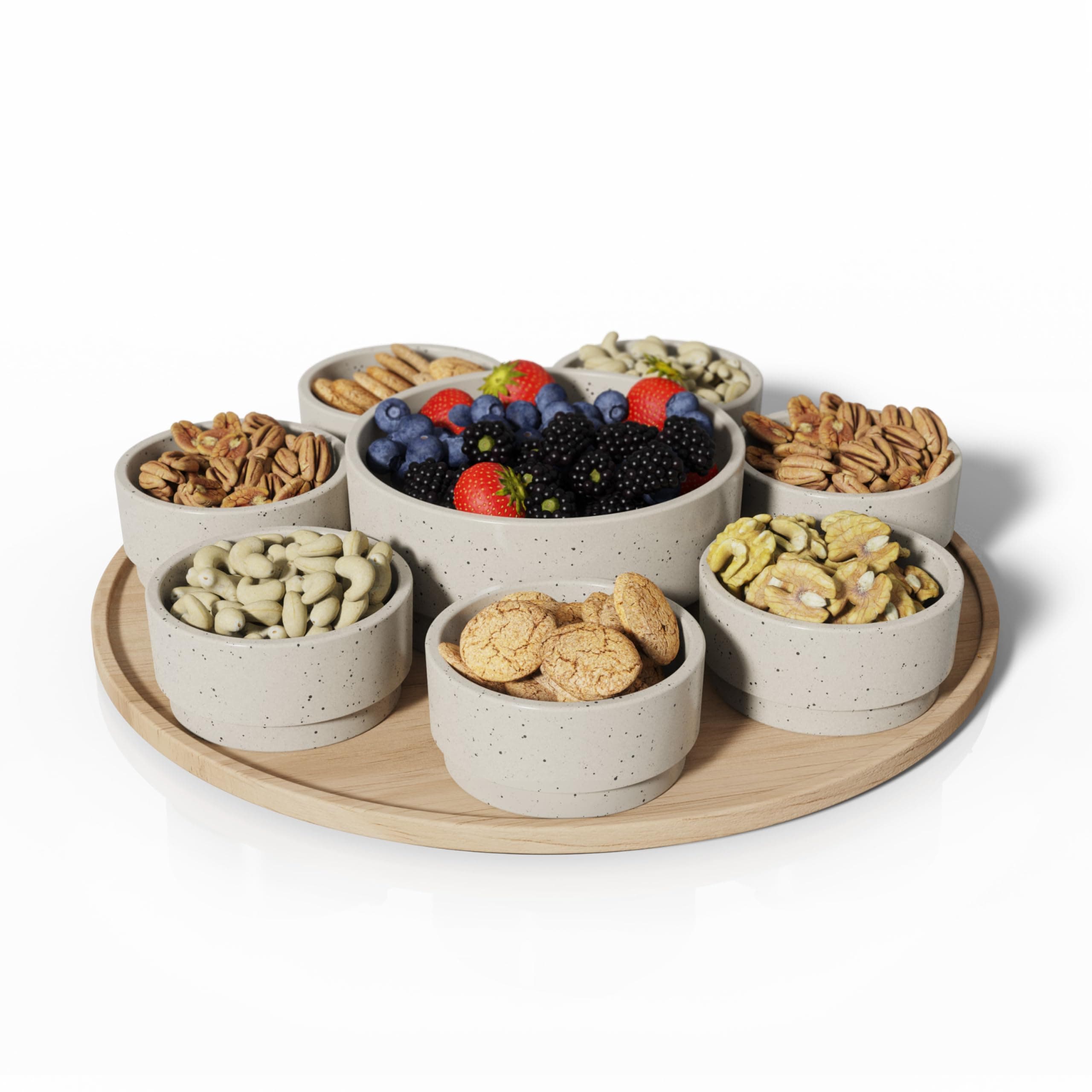 LIBKENCondiment Dip Serving Tray - Snack Platter Round - Ceramic Serving Tray - Chip & Dip Sets with 7 Stackable 3oz Bowls and 1x14 oz Bowl - Dishwasher, Microwave and Oven Safe (Warm Grey)
