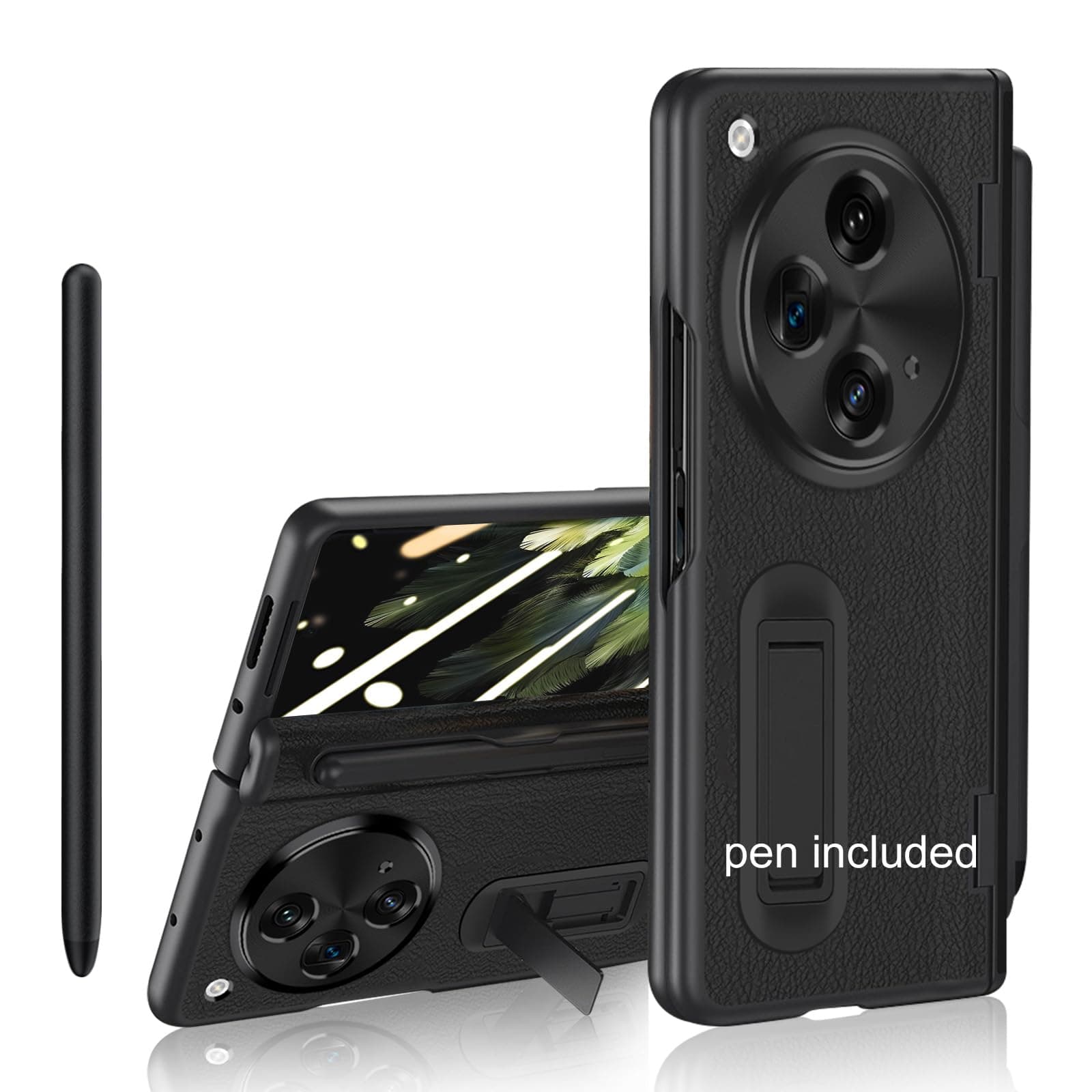 Libeagle for Oneplus Open Case, Capacitance Pen & Pen Holder on Hinge Protection, Leather on Back, Built-in Screen Protector, Adjustable Stand, Camera Protection, Thin & Slim Cover 5G 2023-Black