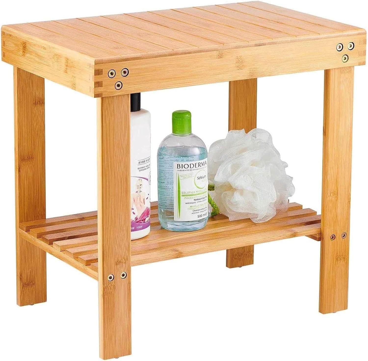 VaeFae Bamboo Shower Bench, Spa Bench Seat Stool, Foot Rest Shaving Stool with Non-Slip Feets and Storage Shelf, Works in Bathroom/Living Room/Bedroom/Garden Leisure