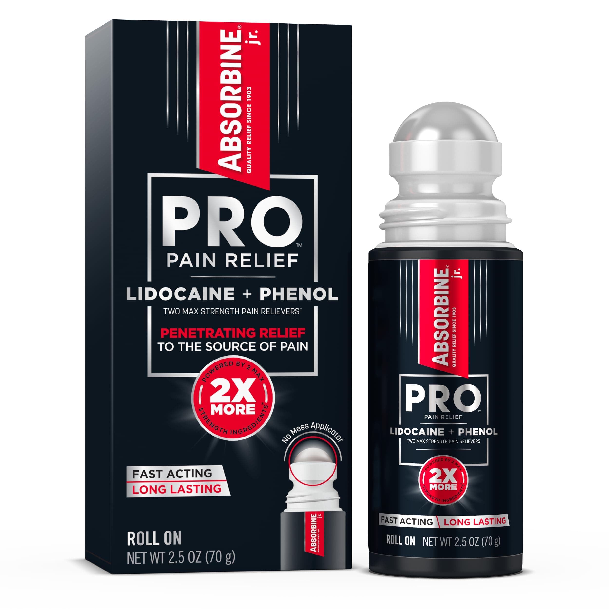 PRO Maximum Strength Lidocaine Roll-On for Targeted Nerve and Muscle Pain Relief, 4% Lidocaine + 1.5% Phenol, Fast Acting & Long Lasting, 2.5 oz