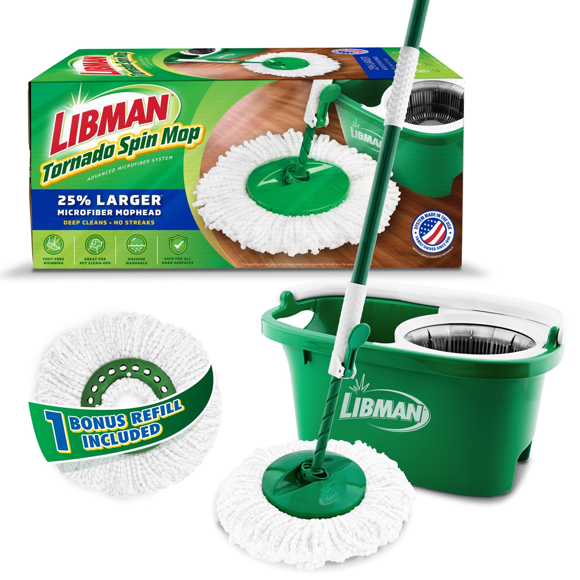 Libman Tornado Spin Mop System Plus 1 Refill Head – Total Mopping System Includes Heavy Duty Microfiber Head, Sturdy Handle, and 1 Extra Replacement Mophead, Safe on All Hard Surfaces, Green
