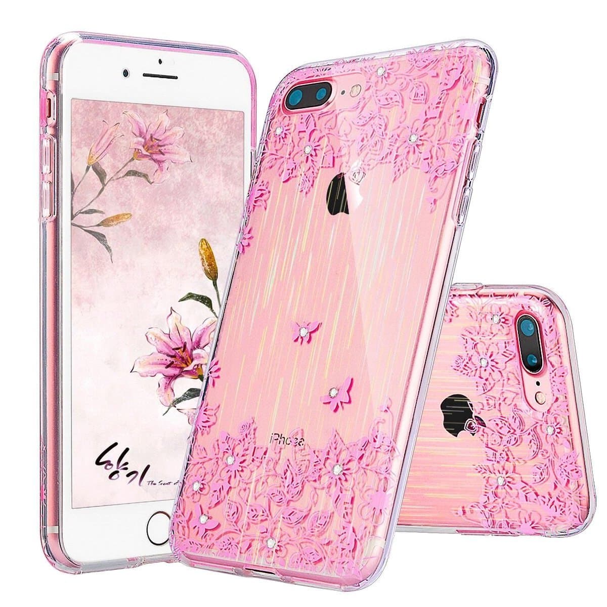 GMkiki iPhone 8 Plus Case, iPhone 7 Plus Case, Clear with Bling Glitter Sparkly Crystal Cute Floral Pattern, Transparent Soft TPU Bumper with Hard PC Protective Cover Slim for iPhone 5.5 Inch (Pink)