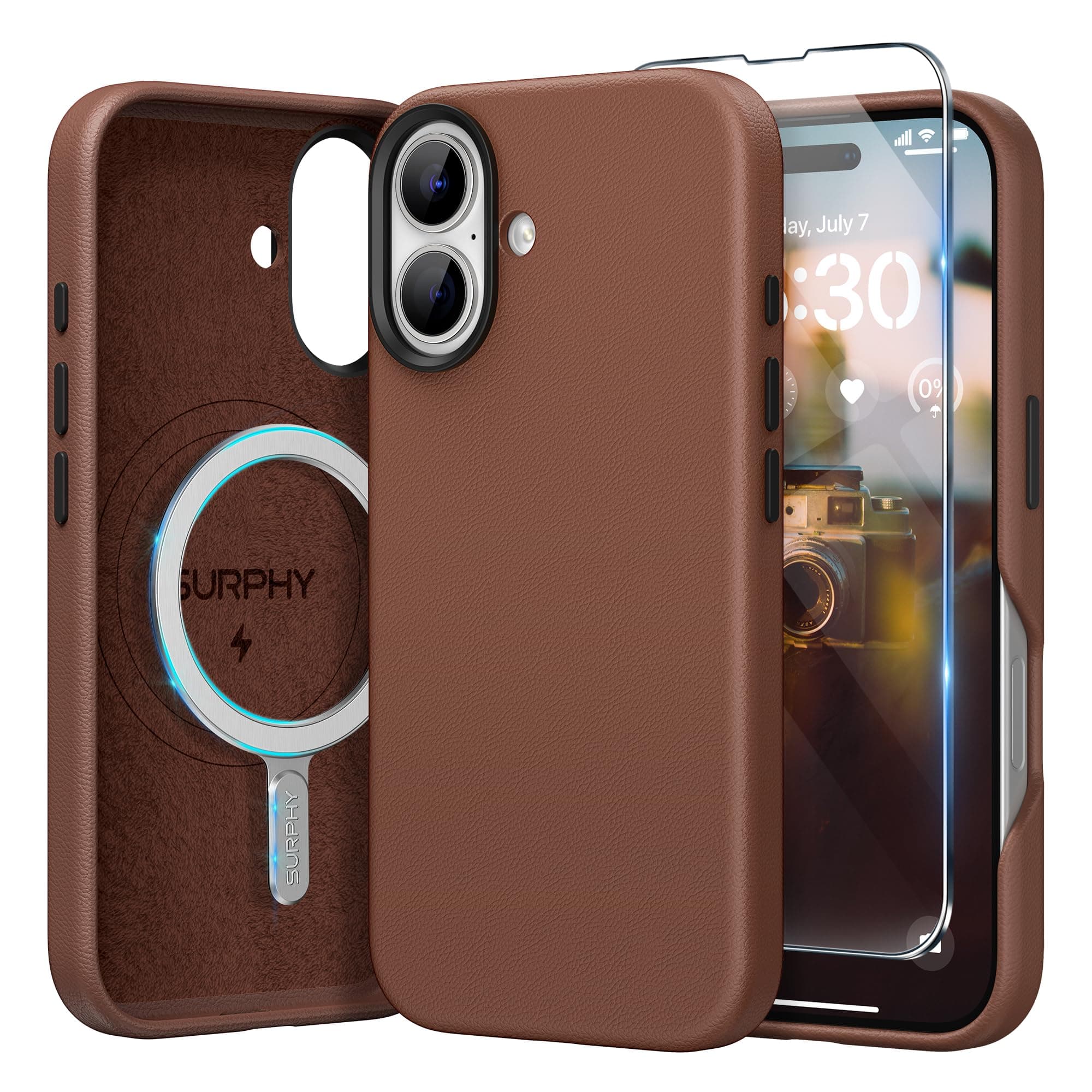 SURPHY Designed for iPhone 16 Plus Leather Case, Compatible with MagSafe Wireless Charging Faux Leather Case with Metallic Buttons and Microfiber Lining for 16 Plus 6.7 inch 2024, Brown