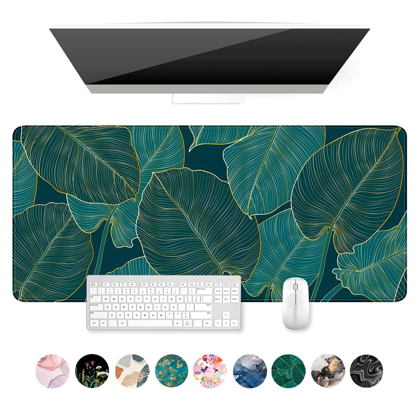 Auhoahsil Desk Mat, Ultra Large Mouse Pad, XXL Gaming Mousepad, Green Tropical Leaves Deskpad, Big Extended Full Size Mouse Pad, Desktop Desk Matt for Keyboard, Laptop & Computer, 35.5 x 15.7 in