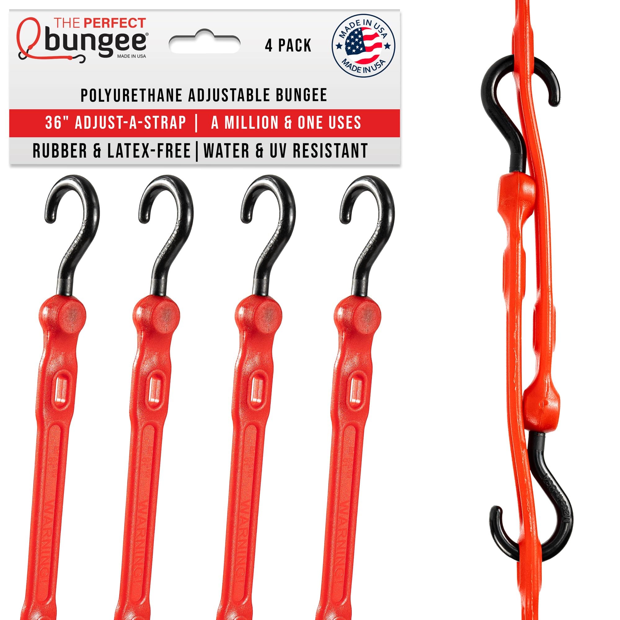 36" Adjust-A-Strap, Adjustable Heavy Duty Polyurethane Bungee Strap, Heavy Duty Nylon Hooks, Made in the USA, 4 Pack, Red