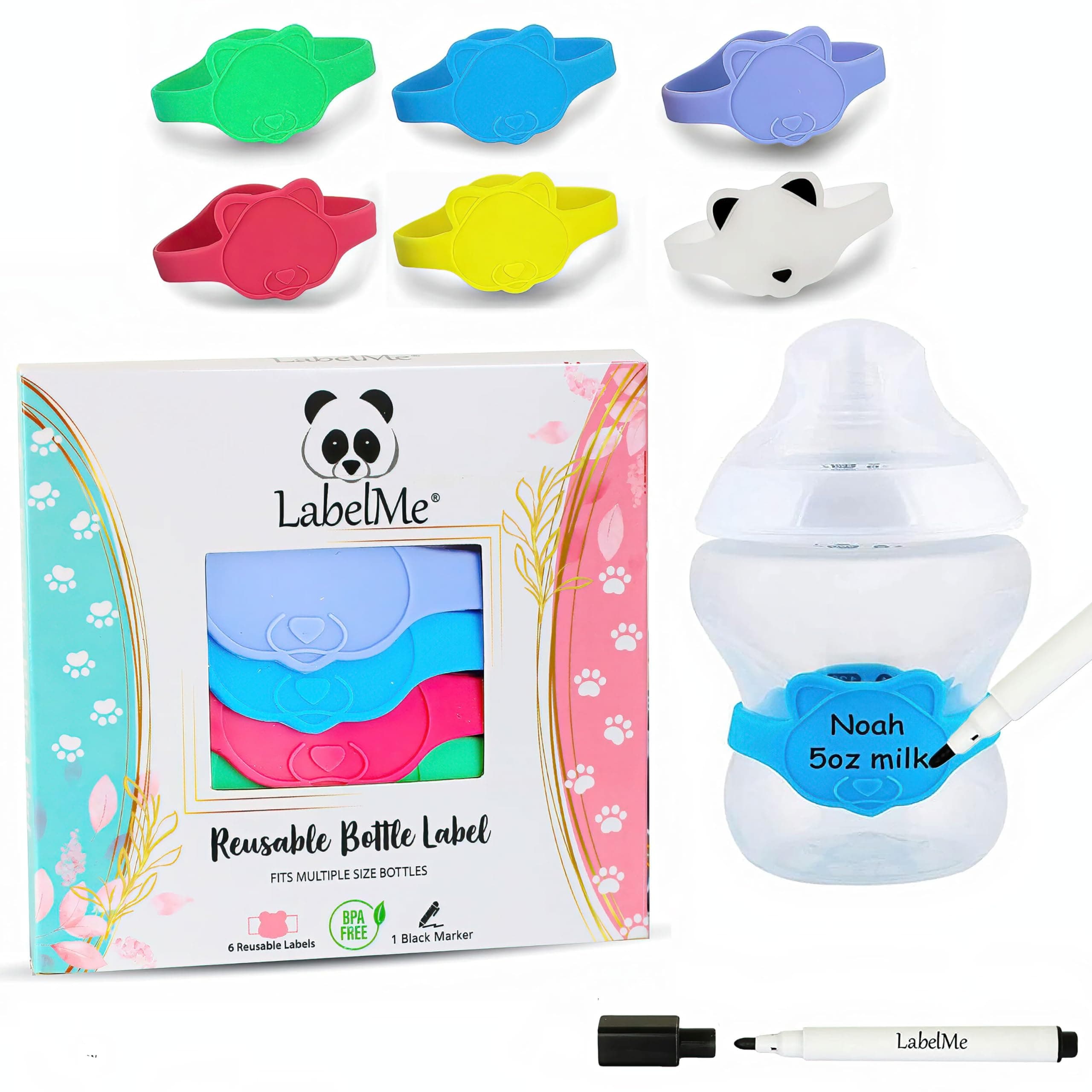 Silicone Baby Bottle Labels for Daycare, Home, and Travel Organization, Fits Small Water Tumblers, Sippy Cups, Snack Containers, and Food Jars, Cute Animal Shapes, Includes Waterproof Marker