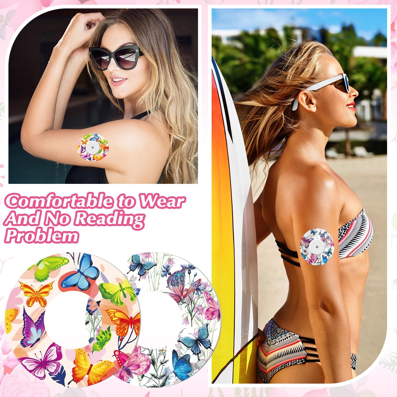 FuWeave 36 Pack Adhesive Patch for Libre 2 Sensor with Butterfly Design CGM Patches Waterproof CGM Covers Sweatproof Colored Sensor Glucose Monitor Protection Cover Split Backing Stick