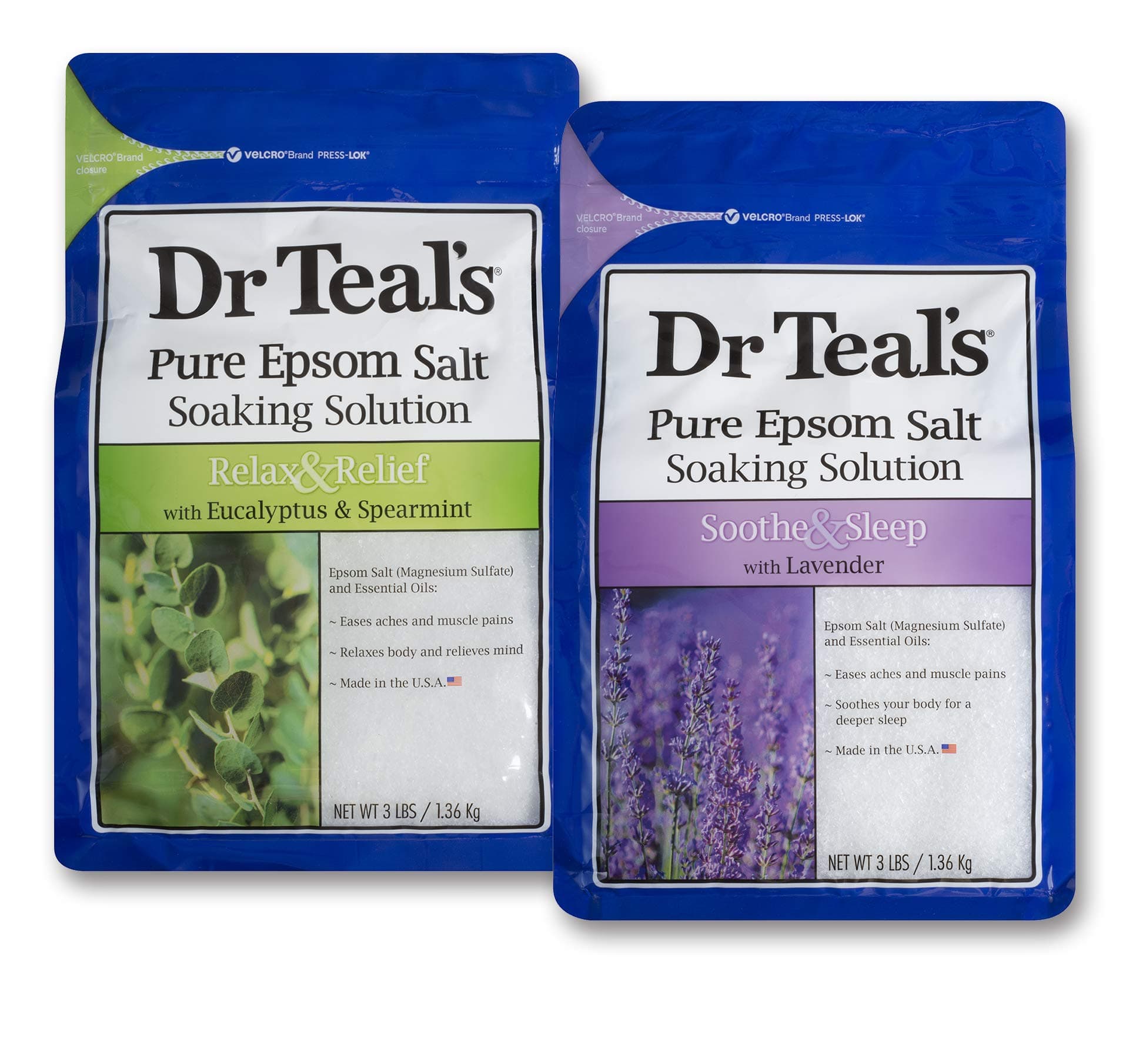 Dr. Teal's Epsom Salt Soaking Solution Bundle - 1 Relax & Relief Eucalyptus Spearmint 3LBs And 1 Sooth & Sleep Lavender 3LBs
