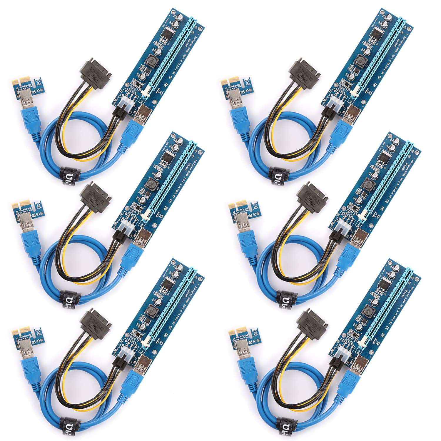 Ubit 【6PCS】 PCI-E Riser for BitcoinLitecoin ETH coin Mining Dedicated Graphics Card PCI-E Riser 1X to 16X Riser Card 164P / 60cm USB 3.0 Extension Cable & MOLEX to SATA Power Cable