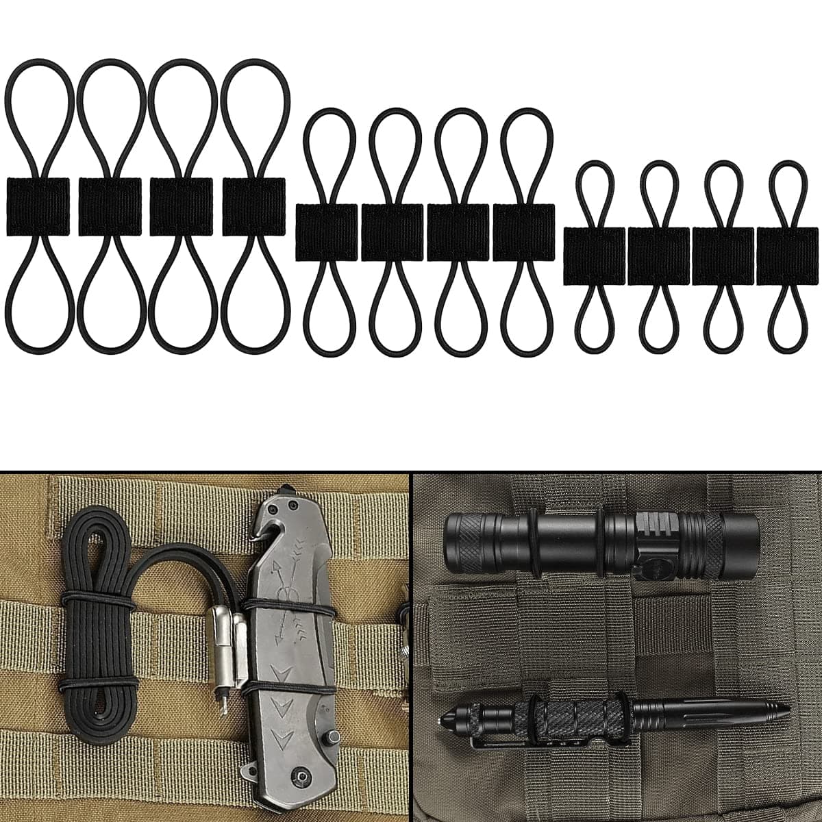 Elastic Webbing Binding Ribbon Multipurpose Backpacks Attachments Tactical Molle Backpack Accessories, Tactical EDC Gear (12 Pieces Black 3 Size Kit)