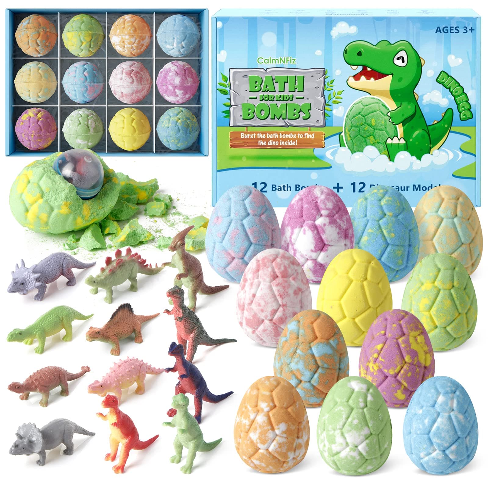 Bath Bombs with Surprise Dinosaur Toys Inside, 12 Pack Organic and Natural Bubble Bath Bombs, Stocking Stuffers for Kids, Bath Bomb Set for Her/Him,Mothers Day Presents for Mom