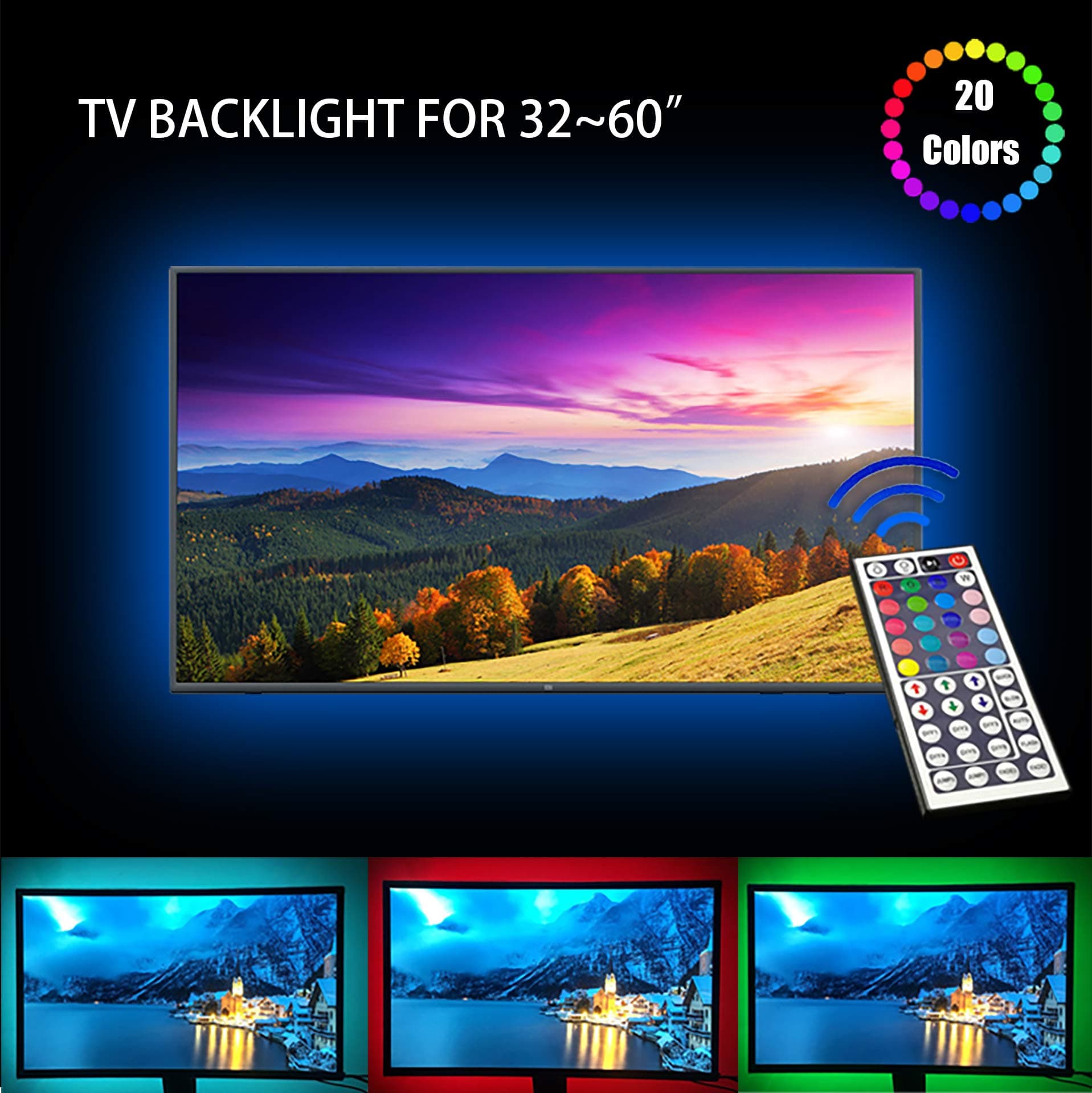 LED TV Backlight, USB Basic Lighting for 32-60in Television, Dimmable RGB Led Strip Lights with 20 Colors and IR Remote Control for Home Theater Decoration and Reduce Eye Strain and Increase Image Cl
