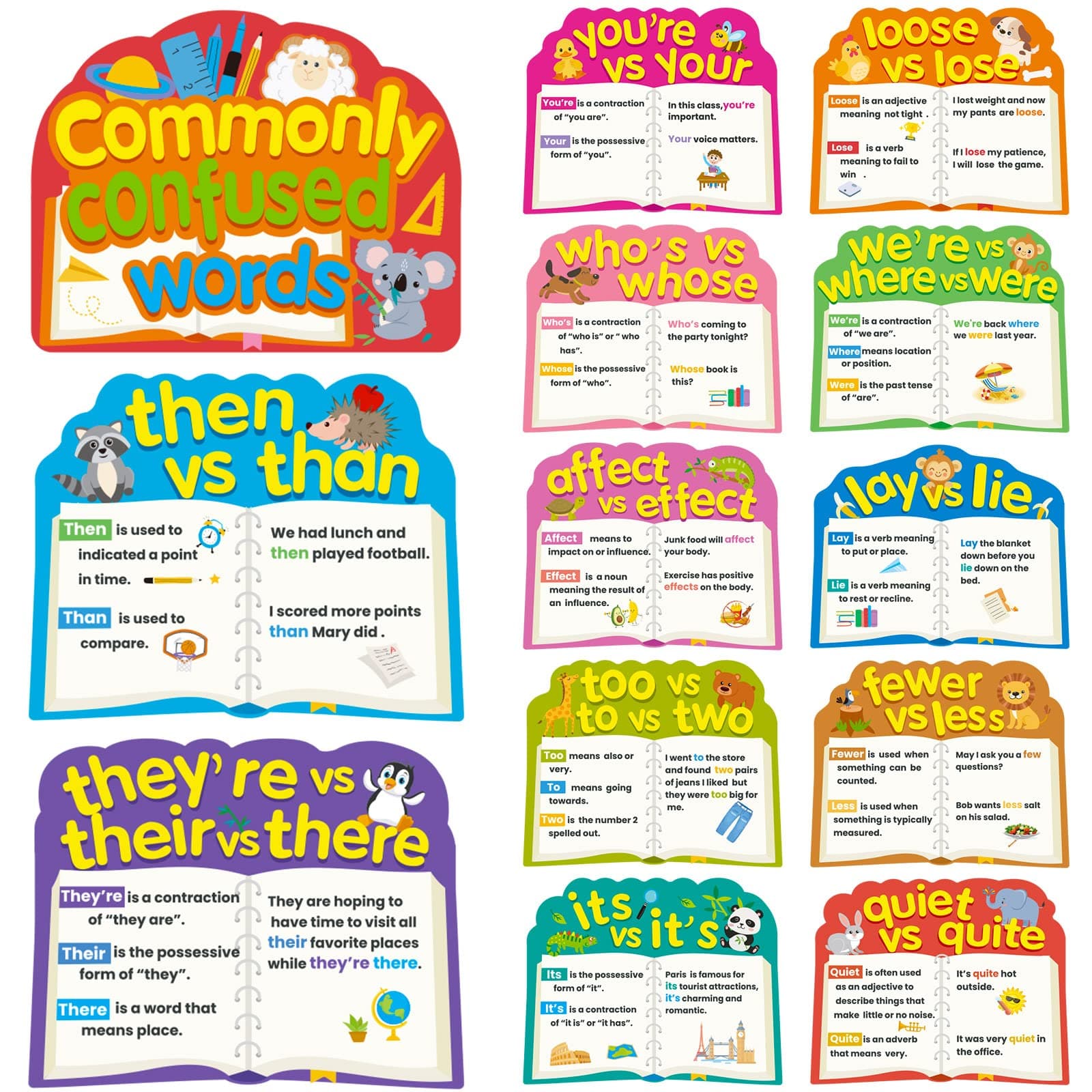 Zonon 13 Pcs Commonly Confused Words Posters Set ELA Educational Posters English Teacher Language Arts Grammar Classroom Must Haves for Home Middle School Student