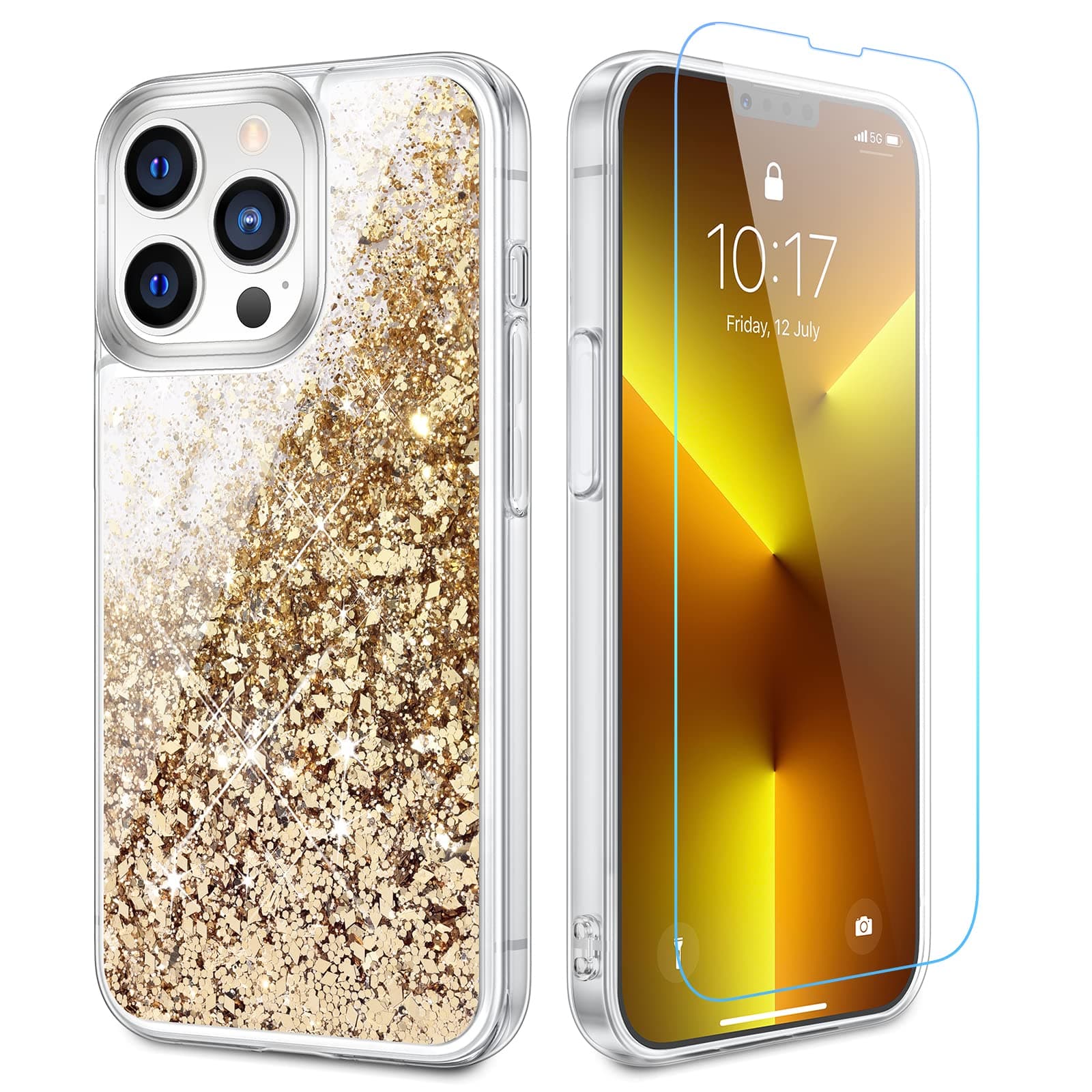 Caka Case Compatible for iPhone 13 Pro Max, iPhone 13 Pro Max Glitter Case for Women Girls Bling Sparkle Liquid Flowing Quicksand Clear TPU Phone Case for iPhone 13 Pro Max (6.7 inches) (Gold)