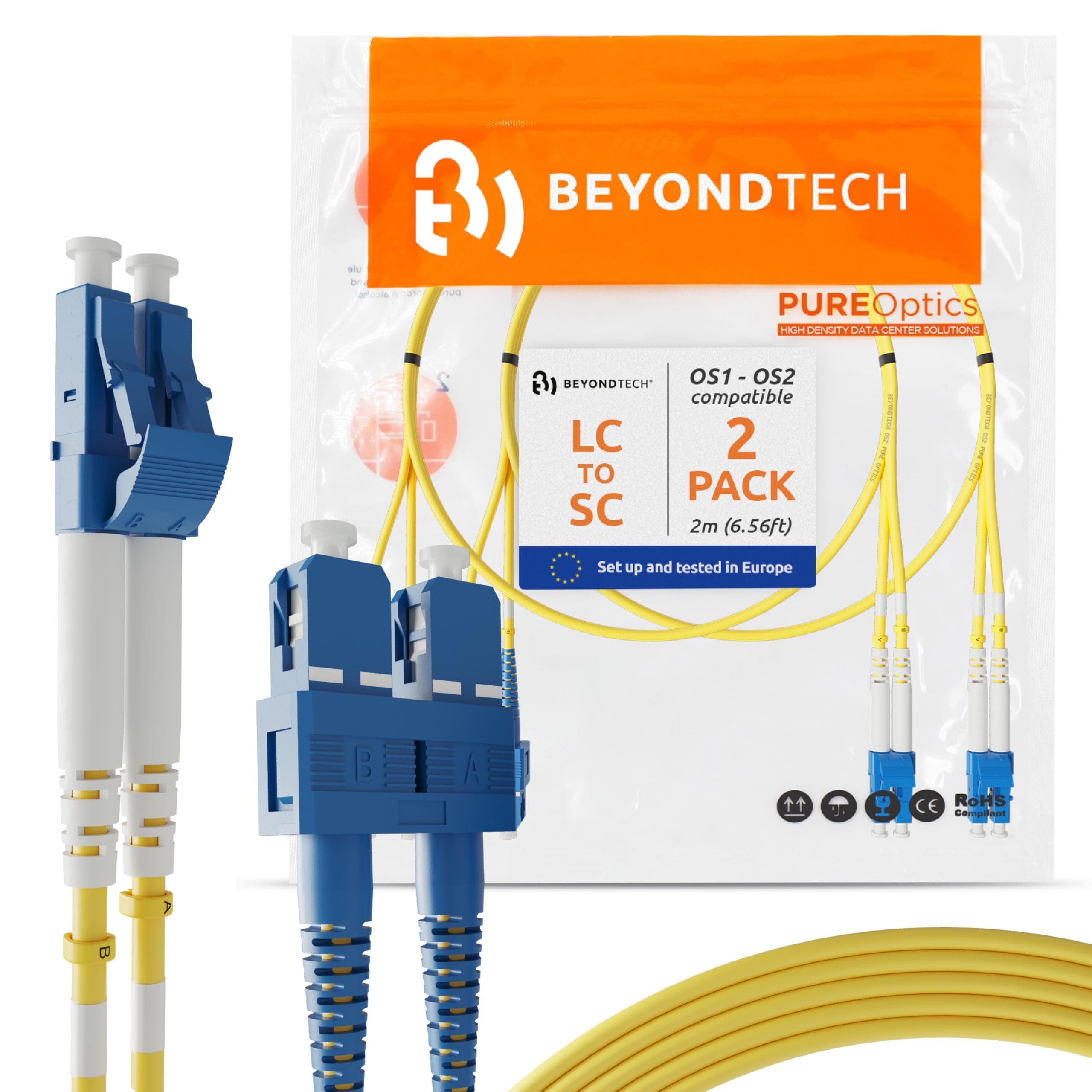 BEYONDTECH 2m (6.56ft) LC to SC Fiber Patch Cable – (2 Pack) UPC Single-Mode Duplex Fiber Optic Cable – 9/125µm core, Compatible with OS1 & OS2 – LSZH PUREOptics Series