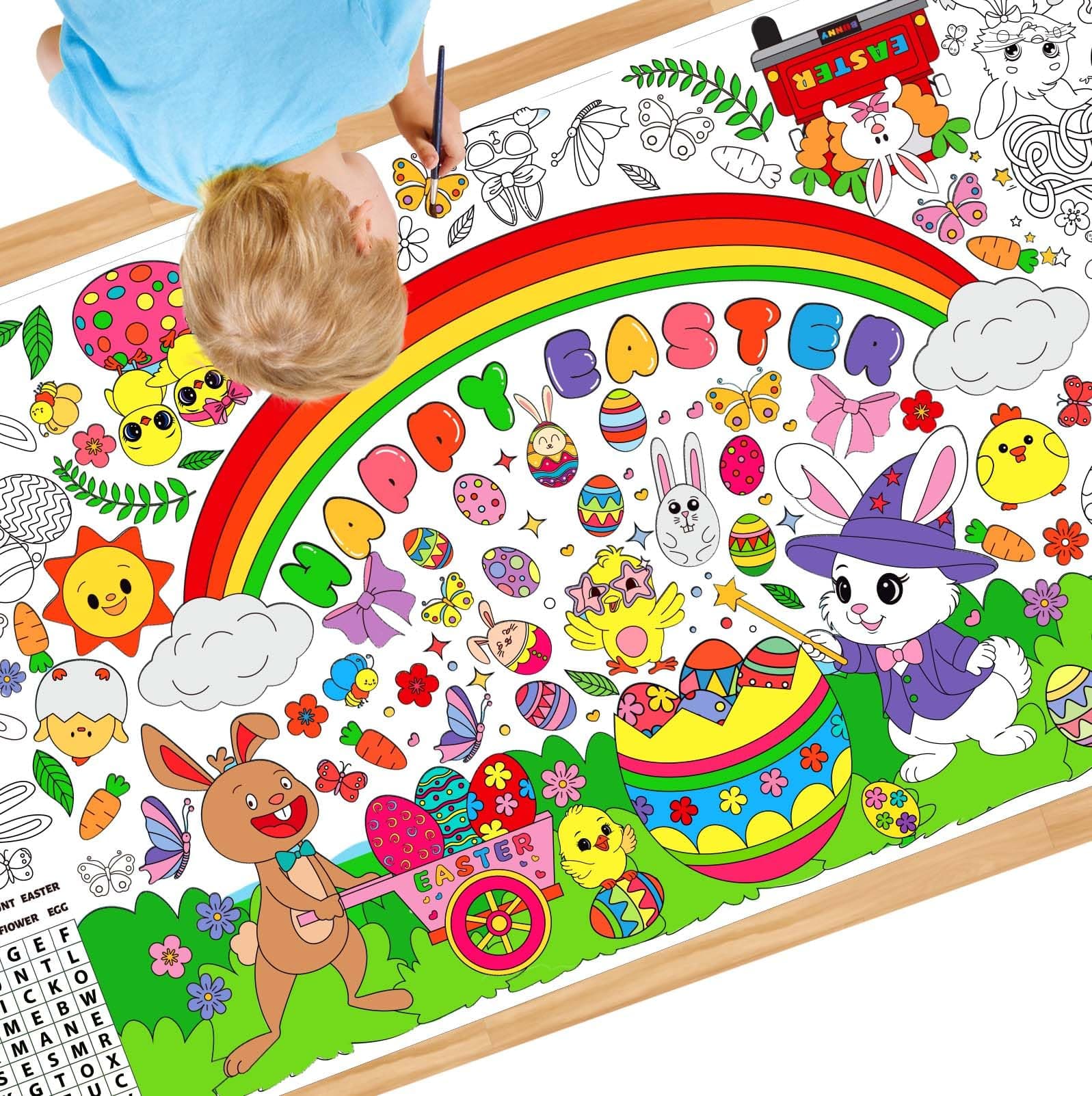 Easter Coloring Tablecloth Easter Crafts for Kids, Easter Tablecloth (72x35in) Coloring Banner Poster for Kids with Bunny & Egg Theme, Easter Basket Essentials Gifts Games Activities Party Decorations