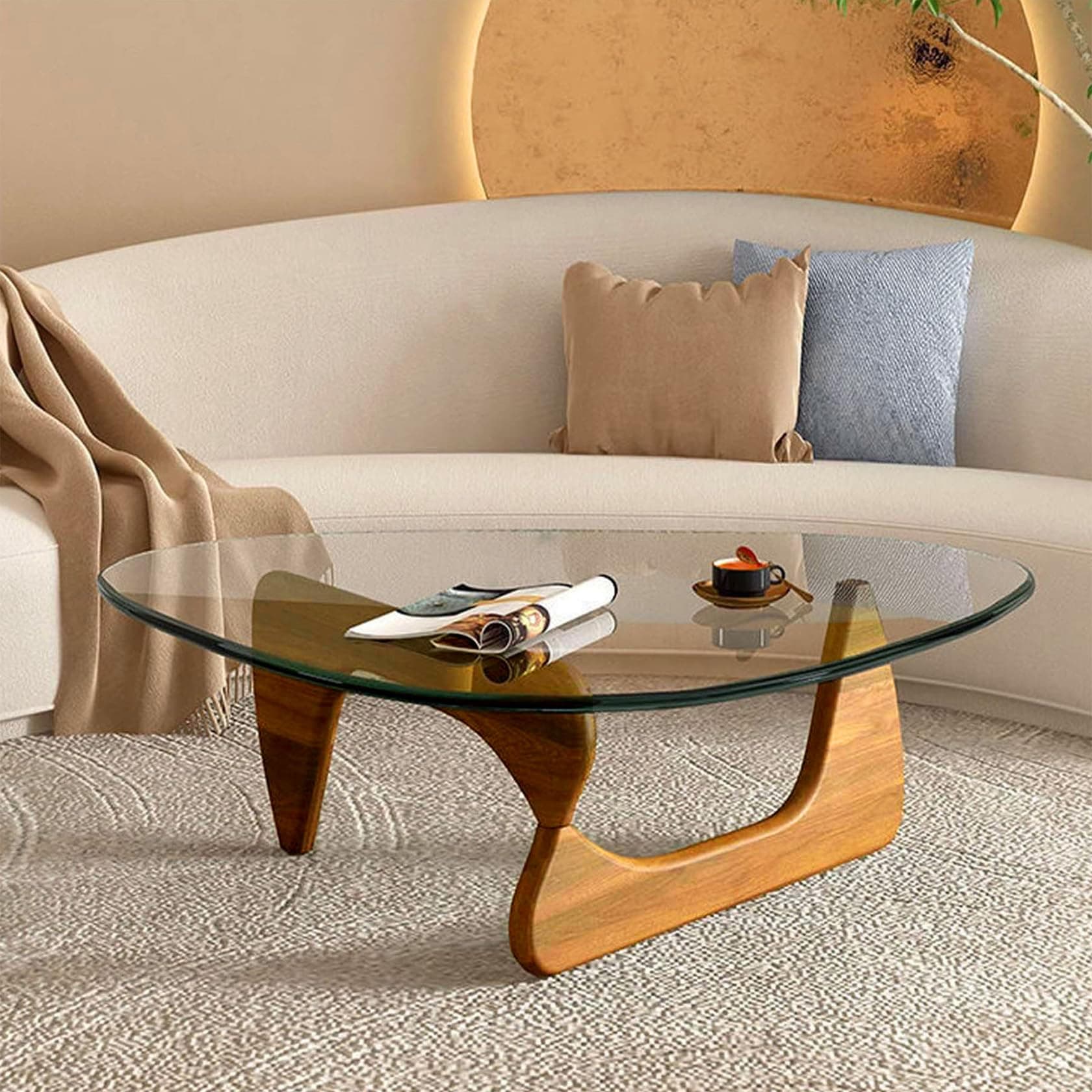 Triangle Coffee Table in Walnut Mid Century Modern Solid Wood Base and Triangle Clear Glass Coffee Table for Living Room Low Minimalist Tea Table Coffee Tables (36 * 25.6 * 16, Walnut Transparent)