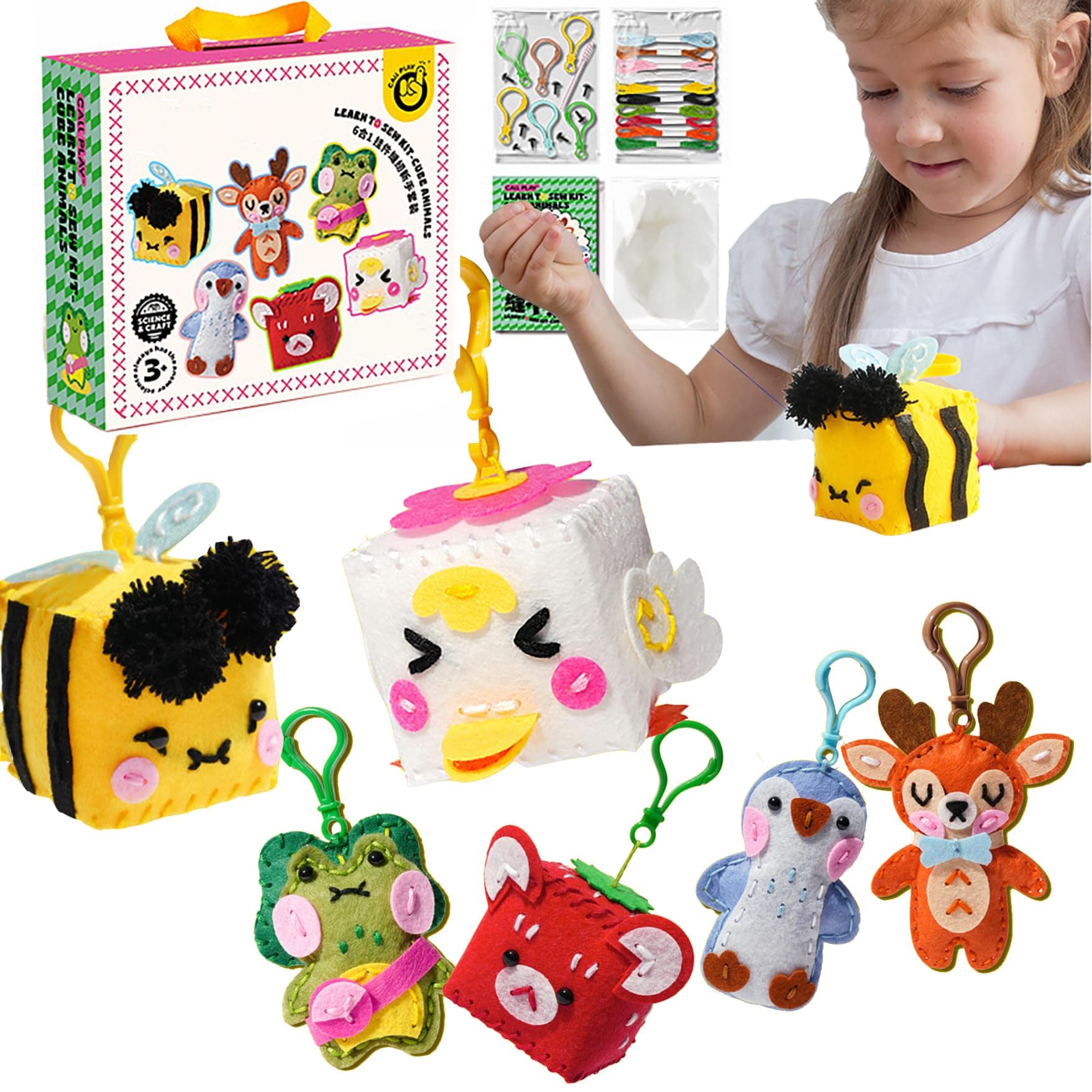 AM ANNA My First Sewing Kit for Beginner Kids Arts & Crafts,Easy DIY Projects of Stuffed Animal Dolls and Plush Pillow Craft Felt Gift for Girls, Boys (6 Easy DIY Projects)