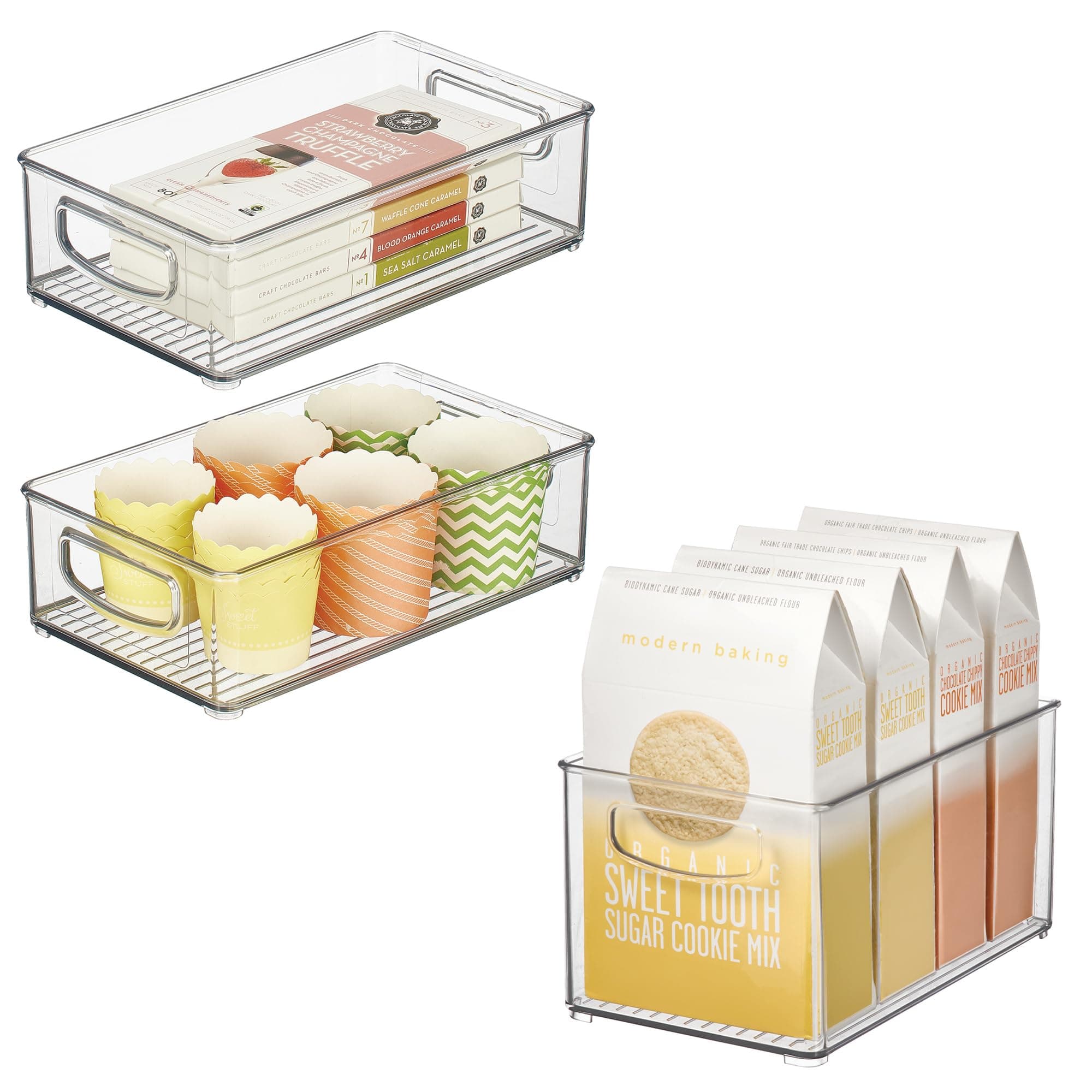 iDesign Stackable Pantry Bins with Handles, 2 Small Bins and 1 Medium Bin, 3 Pack, Clear, Made in USA