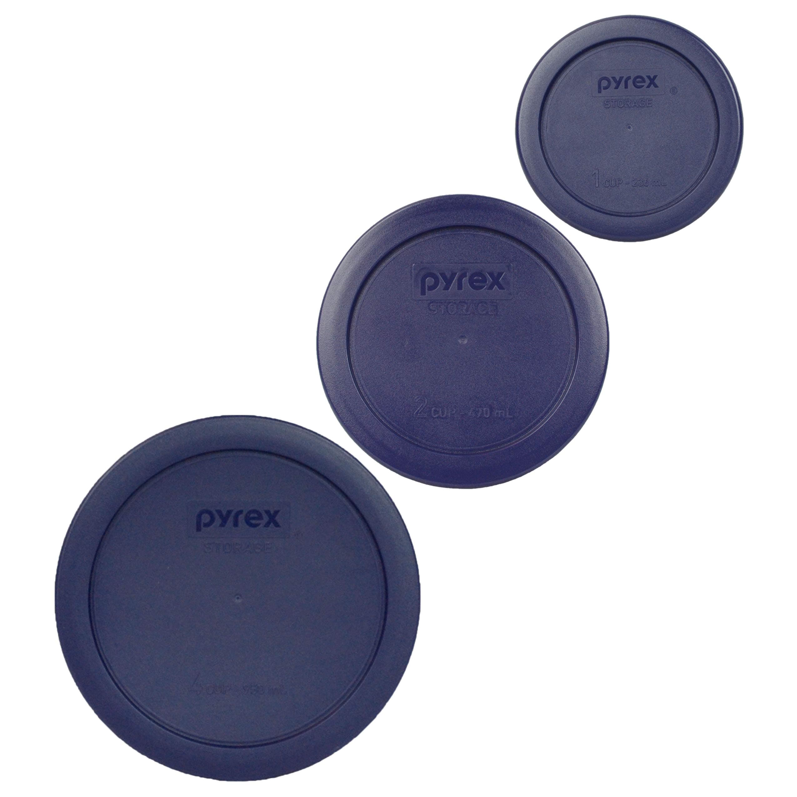 Pyrex Bundle - 3 Items: (1) 7200-PC 2-Cup, (1) 7201-PC 4-Cup, (1) 7202-PC 1-Cup Blue Plastic Lids Made in the USA