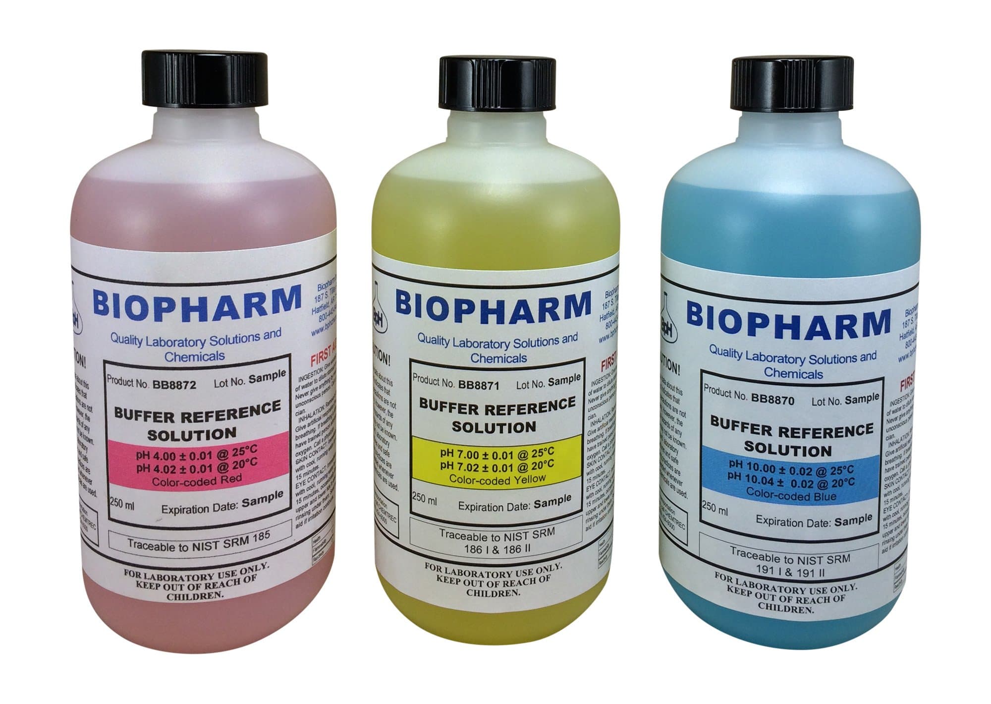 Biopharm pH Buffer Calibration Solution Kit 3-Pack | 250 ml (8oz) Bottle Each | pH 4.00, 7.00 and 10.00 Calibration Standards | Color Coded | NIST Traceable for All pH Meters