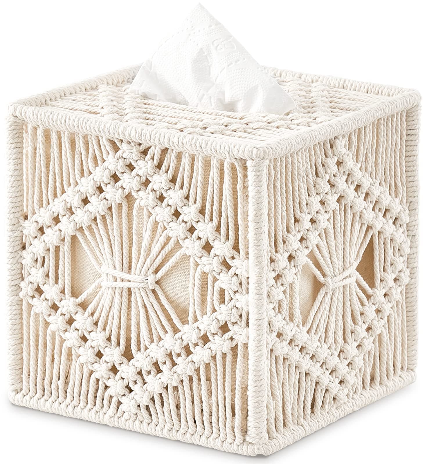 Mkono Tissue & Macrame Square Open-Bottom Box Boho Decor Tissue Organizer Bohemian Handmade Woven Cube for Bathroom Bedroom Dresser Living Room Office Dorm