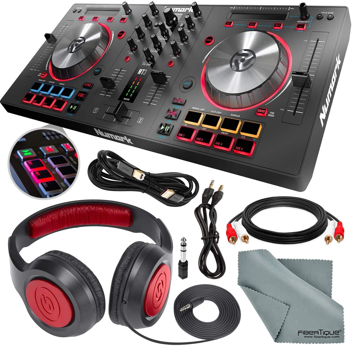 Numark Mixtrack Pro 3 - USB DJ Controller with Serato DJ Lite Download & Integrated Sound Card + Headphones and Cables Basic Bundle
